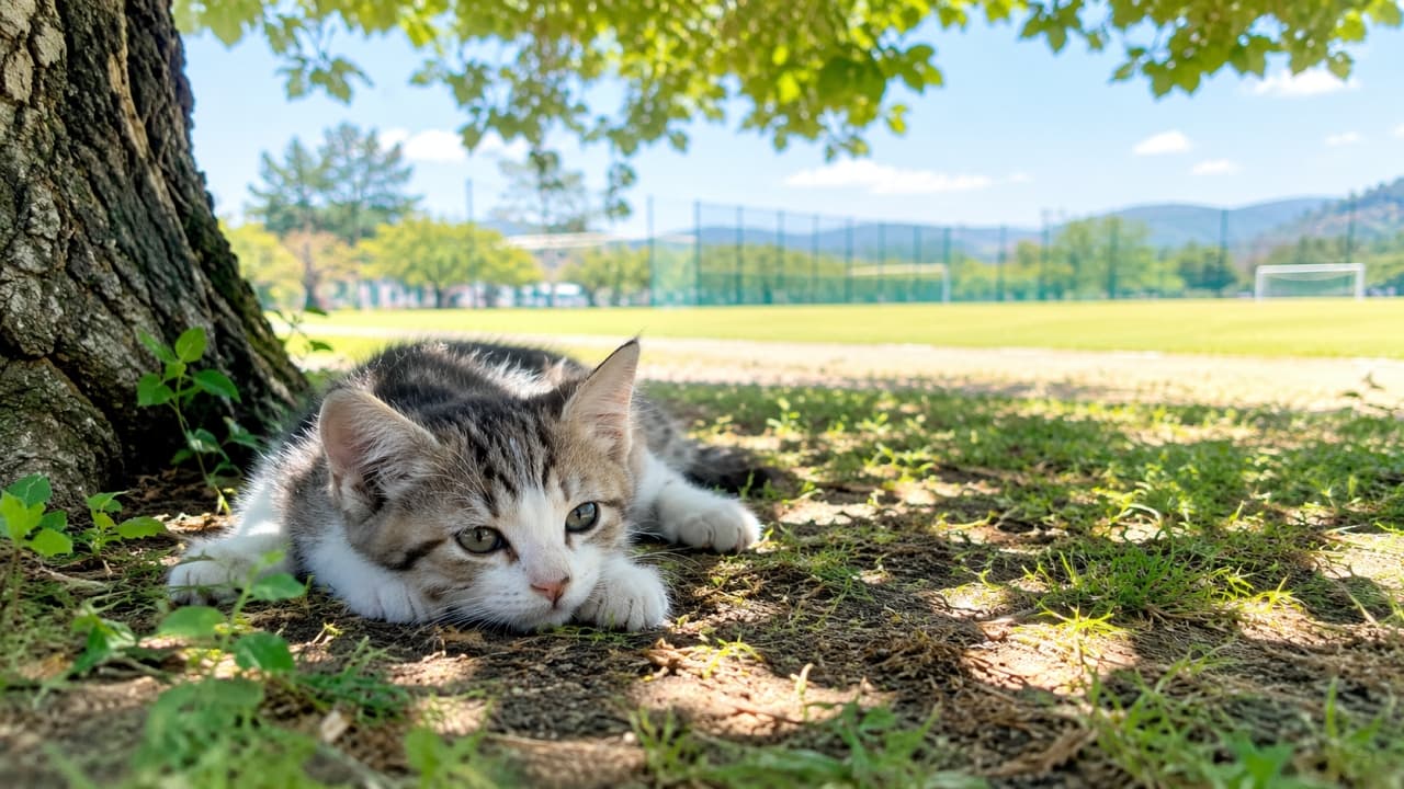 「競技の合間に木陰でひと休み🌿 頑張った後のひんやりした風が気持ちいいですね☀️ #猫 #子猫 #クールダウン #休憩時間 #運動会」Ultra-realistic high-quality photograph of a tabby-and-white kitten cooling down, lying on its belly in the shade of a large tree at a sunny sports field. The kitten has its front paws tucked under its chin with a relaxed, slightly tired expression. Dappled sunlight gently hits its fur, with bright green grass and a blue sky in the background. 晴天の運動場の隅で、大きな木の木陰の芝生に腹ばいになってクールダウンしているキジ白の子猫の超リアルな高画質写真。前脚を顔の前に揃え、少し疲れたようなリラックスした表情で前方を見つめている。木漏れ日が被毛を優しく照らし、奥には明るいグリーンの芝生と青空が広がっている
