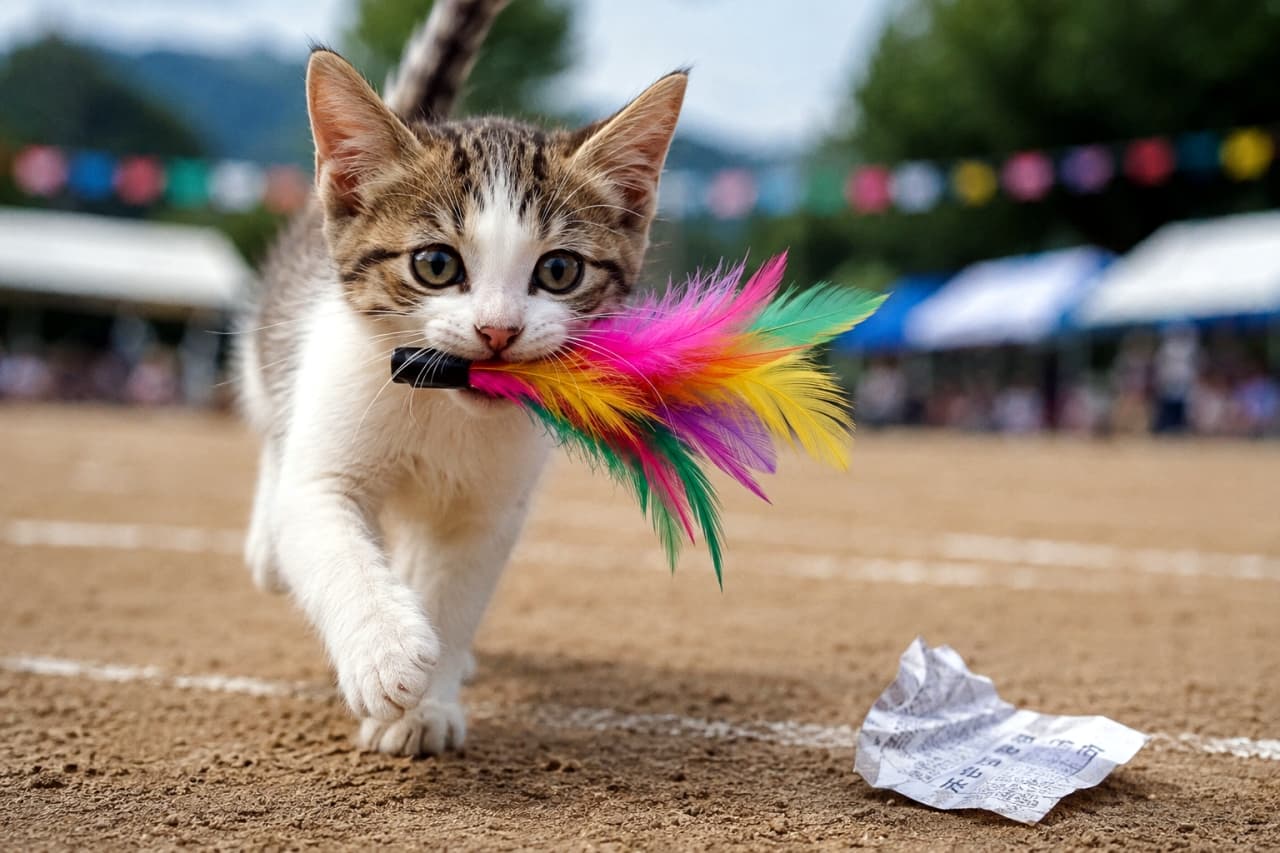 「借り物競走のお題は「カラフルな羽根」！🌈 真っ直ぐに見つめる瞳とダッシュの勢いから目が離せません👀 #猫 #借り物競走 #運動会」Ultra-realistic high-quality photograph of a brown tabby-and-white kitten dashing towards the camera with a bright, rainbow-colored feather toy in its mouth during a sports day scavenger hunt. A piece of paper with instructions lies on the dirt track. The kitten's intense round eyes and dynamic paw movements are perfectly captured against a softly blurred background of bunting and tents. 運動会の借り物競走で、お題の書かれた紙切れを足元に残し、鮮やかなレインボーカラーの羽根のおもちゃを口にくわえてカメラに向かって猛ダッシュするキジ白子猫の超リアルな高画質写真。真剣な丸い瞳と躍動感あふれる前脚の動きが捉えられ、背景の万国旗やテントが綺麗にぼけている