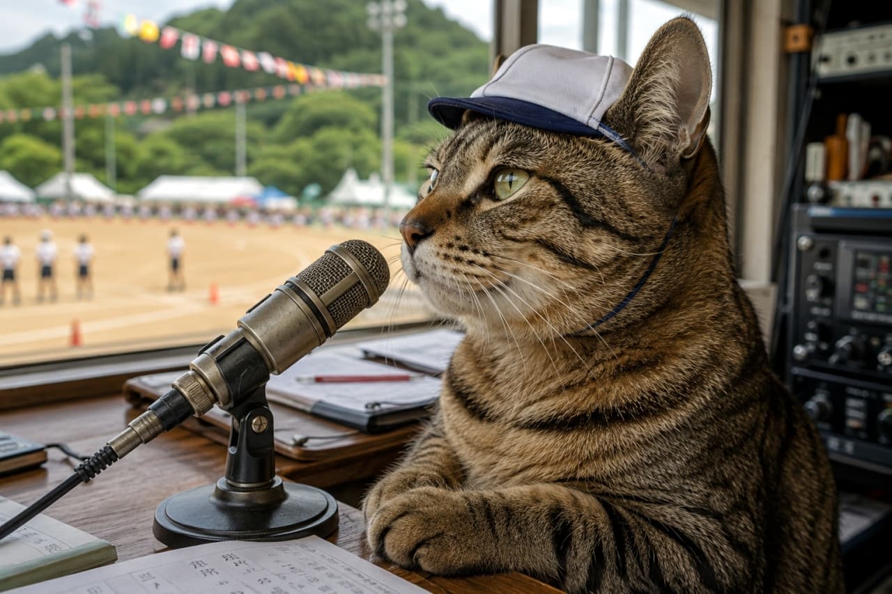 「グラウンドの熱戦を余すところなくお届け！🎤 真剣な眼差しの実況アナウンサーに注目です👀 #猫 #アナウンサー #運動会」Ultra-realistic high-quality photograph of a brown tabby cat wearing a tiny red-and-white sports cap, sitting at an announcer's desk in front of a retro metal microphone. Handwritten broadcast notes are on the desk, and the cat is intensely watching the action on the field through the window. The dirt track and athletes are softly blurred outside the window. 運動会の実況席で、頭に小さな紅白帽をかぶったキジトラ猫がレトロな金属製マイクに向かっている超リアルな高画質写真。手元には手書きの実況メモが置かれ、真剣な眼差しで窓の外のグラウンドの熱戦を見つめている。窓越しには白線が引かれたトラックと競技中の選手がぼんやりと映っている