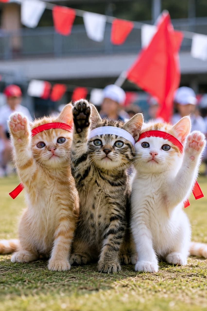 「みんなで元気いっぱいの応援合戦！🐾 おててを高く上げてアピールする姿から目が離せません🎌 #子猫 #応援 #運動会」Ultra-realistic high-quality photograph of three kittens sitting side-by-side on the grass, enthusiastically raising their paws to cheer. From left to right: an orange tabby (red headband), a brown tabby (white headband), and an orange-and-white tabby (red headband). Their cute toe beans are visible against a background of red flags, bunting, and blurred spectators. 芝生の上に並んでお座りし、前脚を高く上げて元気に応援する3匹の子猫たち（左から茶トラ・赤ハチマキ、キジトラ・白ハチマキ、茶シロ・赤ハチマキ）の超リアルな高画質写真。ピンクの肉球をしっかり見せてカメラを見つめる愛らしい表情。背景には赤い旗や万国旗、ぼやけた観客席が見える