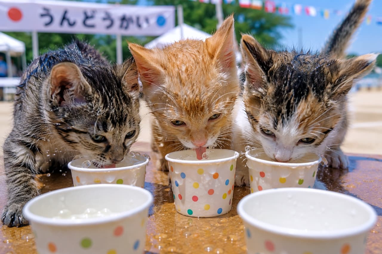 「競技の合間の給水タイム！💧 夢中になってお水を飲む姿から一生懸命さが伝わってきますね🥤✨ #猫 #水分補給 #運動会」Ultra-realistic high-quality photograph of three kittens (a brown tabby, an orange tabby, and a calico) lined up drinking water from polka-dot paper cups at a sports day water station. Their cute pink tongues are out, and clear water drops on their fur and splashing droplets are captured vividly. The background features a blue sky and a blurred "sports day" sign. 運動会の給水所で、キジトラ、茶トラ、三毛の3匹の子猫が水玉模様の紙コップから並んで水を飲んでいる超リアルな高画質写真。ピンクの小さな舌を出して懸命に喉を潤す姿が愛らしく、顔や被毛についた水滴や飛び散る水しぶきが鮮明に描写されている。背景には青空と「うんどうかい」の看板が見える