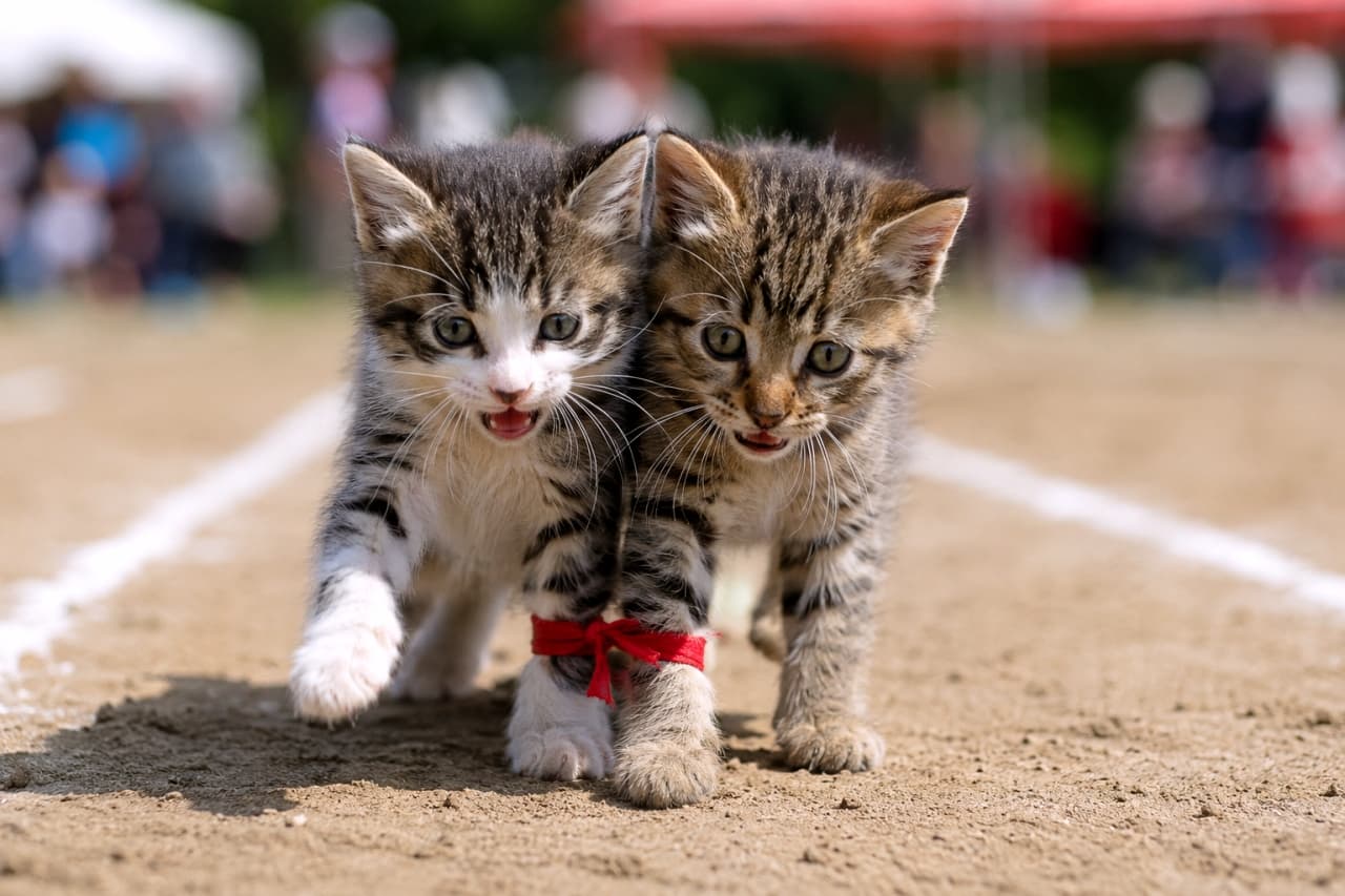 「イチ、ニ！イチ、ニ！🐾 赤いリボンで結ばれた2匹の完璧なコンビネーションに大きな拍手を👏 #子猫 #二人三脚 #運動会」Ultra-realistic high-quality photograph of two brown tabby kittens running a three-legged race on a dirt sports day track, their inner front paws tied together with a red ribbon. Both have their mouths slightly open and are looking straight ahead, perfectly matching their strides. The background features softly blurred red tents and spectators. 運動会の白線が引かれた土のトラックで、赤いリボンで互いの内側の前脚を結び、二人三脚で走る2匹のキジトラ子猫の超リアルな高画質写真。口を少し開けて一生懸命に前を見据え、見事に歩幅を合わせて進む姿が愛らしい。背景には赤いテントや観客が柔らかくぼかされている