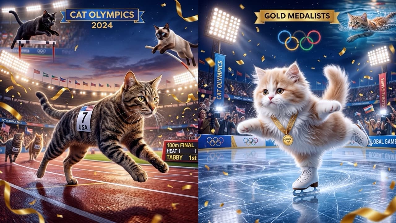 「キジトラちゃん、100m決勝でぶっちぎりのトップ！🐾🏆陸上競技の猫ちゃんたち、みんな必死で応援したくなるね！🥇 #猫 #オリンピック #陸上」Ultra-realistic high-quality photograph of the left side of a collage depicting the \"CAT OLYMPICS 2024\" track and field events in a massive stadium. In the foreground, a brown tabby kitten with a bib number 7 and \"USA\" is sprinting powerfully towards the finish line, leading the 100m final. In the background, five more kittens are visible: a black cat clearing a hurdle, a Siamese cat pole-vaulting, and two tabby cats running on the track. A scoreboard showing 1st place as Tabby, flags of nations, a large crowd, bright stadium lights, and a dawn or dusk sky are all dramatically rendered. 巨大なサッカースタジアムで行われている「CAT OLYMPICS 2024」の陸上競技コラージュの左側。手前では、茶トラ（キジトラ）の猫が「7 USA」のゼッケンを着用し、100m決勝（100m FINAL, HEAT 1）で力強くトップを走っている。奥のトラックでは、黒猫がハードルを越え、シャム猫が棒高跳びに挑戦し、さらに2匹のキジトラが並んで走っており、合計5匹の猫が競技に参加している。スコアボード、多数の国旗、観客、スポットライト、夜明け（または夕暮れ）の空が、リアルでドラマチックに描写されている