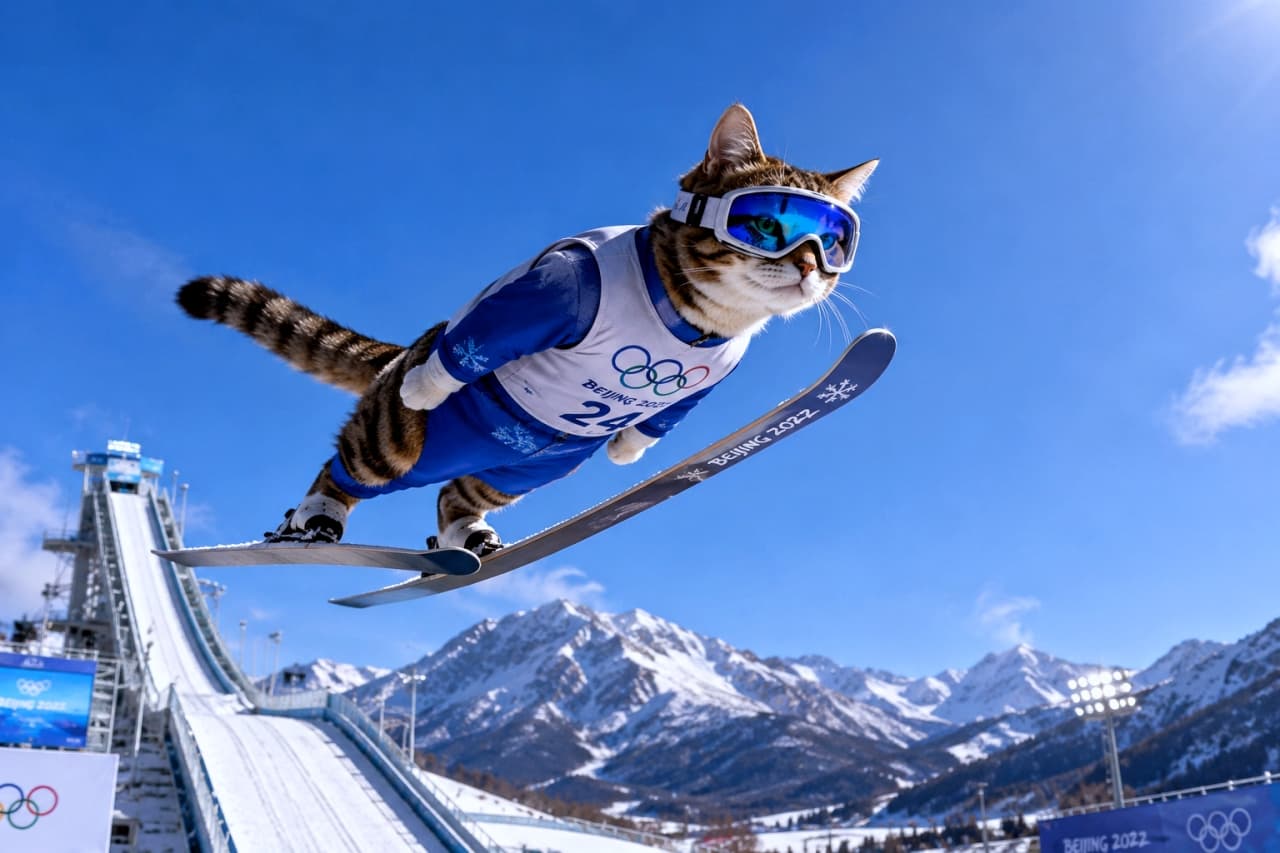 「「鳥になるニャ!」美しいV字飛行で大空を舞うスキージャンパー猫、目指すはK点越え⛷️❄️ #猫スキージャンプ #スキージャンプ #大空へ #猫アスリート」An ultra-realistic high-quality photograph of a brown tabby cat in a blue ski suit and goggles, flying gracefully through the air in a perfect V-style ski jump, with a large Olympic ski jump structure and snowy mountains in the background. 雄大な雪山とスキージャンプ台を背景に、青いスキースーツとゴーグルを着用し「BEIJING 2022」のゼッケンをつけたキジトラ猫が、板をV字に広げて美しい飛型で空を飛んでいる超高画質写真。風を切るような静寂と緊張感が漂う