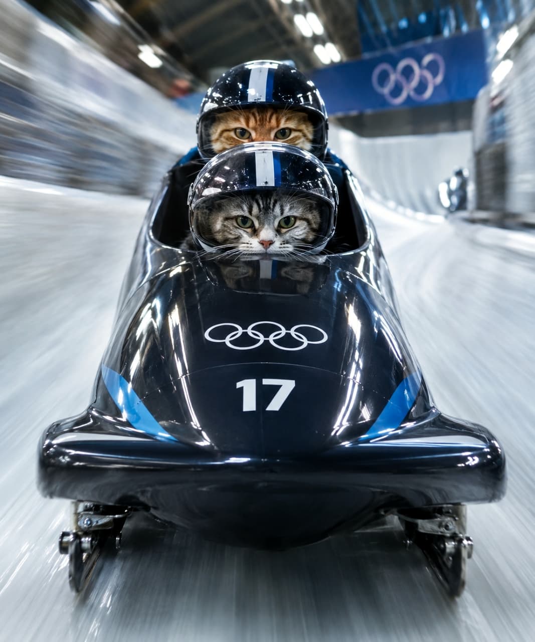「「息を合わせて最速を狙うニャ!」ヘルメット姿もキマってる、猫界最速のボブスレーチーム出陣🛷💨 #猫ボブスレー #最速への挑戦 #チームワーク #猫アスリート」An ultra-realistic high-quality photograph of a bobsleigh team consisting of a silver tabby cat in front and a red tabby cat in back, wearing black helmets and speeding down an ice track in a black bobsled marked with 17 and Olympic rings. The background is heavily motion-blurred. 五輪マークと「17」の数字が入った黒いボブスレーに乗り込み、氷のコースを猛スピードで滑走する2匹の猫の高画質写真。前席にはサバトラ猫、後席には茶トラ猫が座り、お揃いの黒いヘルメットの奥から鋭い眼差しで前方を睨みつけている。背景はスピード感を表すために激しく流れている