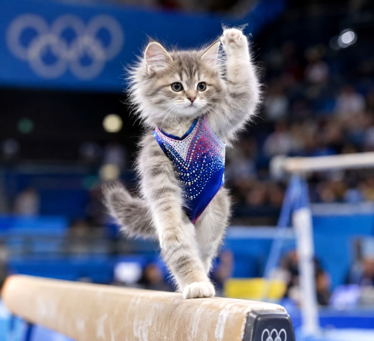 「「一歩一歩、集中して…落ちないようにニャ🐾💨」平均台の上で真剣にバランスを取る長毛子猫、この集中した横顔に声援を!📣💖 #猫体操 #平均台 #真剣な眼差し」An ultra-realistic photograph showing the same long-haired brown tabby and white kitten in the sparkling blue leotard, dynamically lifting its left front paw while walking along the balance beam. The kitten has a focused expression, and the blurred Olympic arena with rings provides the backdrop. 体操会場の平均台の上で、きらめく星模様の青いレオタードを着た長毛のブラウンタビー&ホワイトの子猫が、集中した表情で歩を進める写真。左前足をダイナミックに高く掲げ、バランスを取りながら演技をしている最中の瞬間を捉えている。背景の五輪マークがボケて写っている