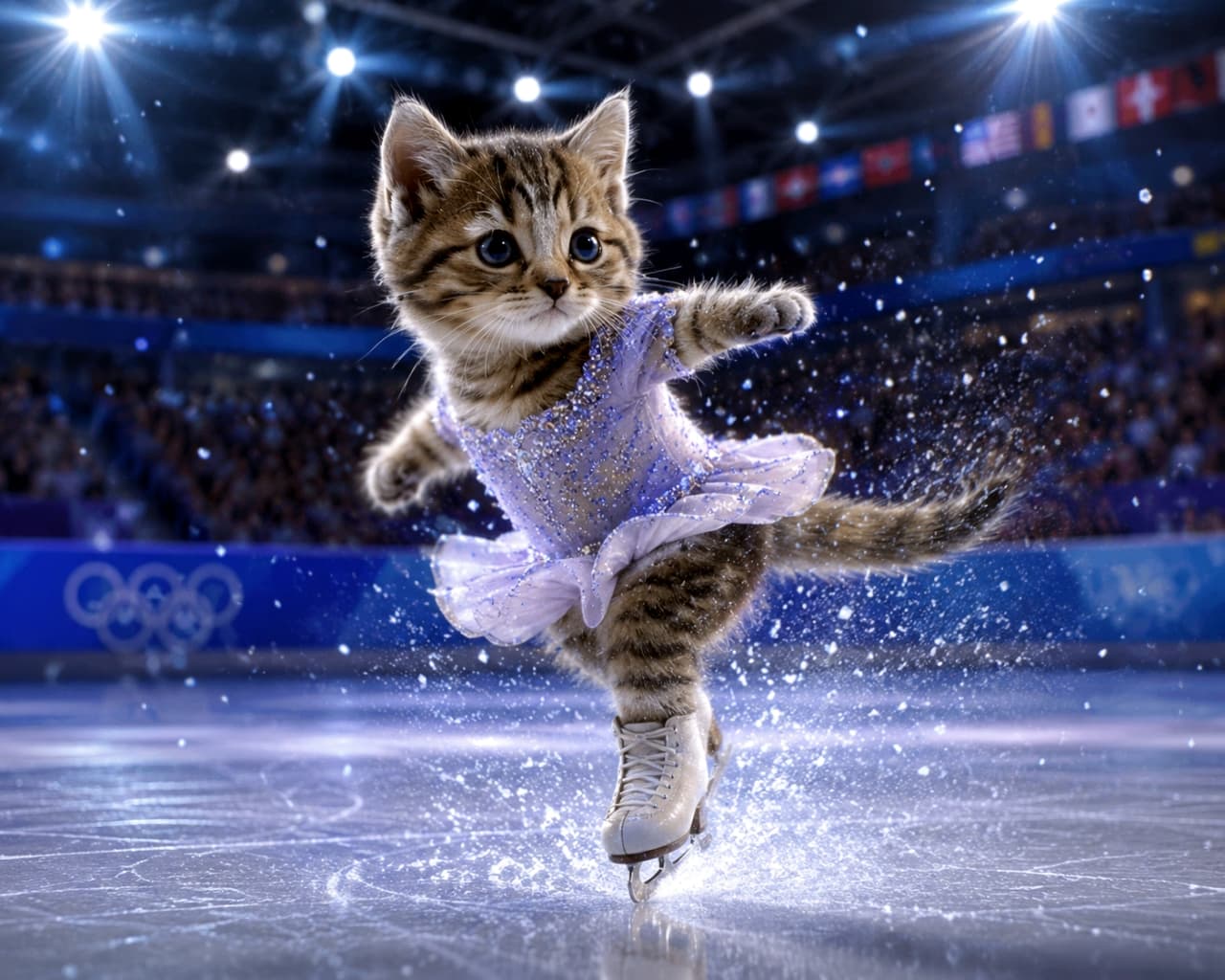 「「氷の上なら誰よりも美しく舞うニャ💖」キラキラ衣装の子猫スケーターが魅せる華麗なスピン⛸️✨ #猫フィギュア #氷上の妖精 #フィギュアスケート #猫アスリート」An ultra-realistic high-quality photograph of a brown tabby kitten wearing a sparkling purple figure skating dress and white ice skates, elegantly spinning on an ice rink with flying ice shavings, illuminated by dramatic arena lighting. スポットライトを浴びたスケートリンクで、キラキラと輝くパープルのチュチュ風衣装と白いスケート靴を履いたキジトラ子猫が、氷のしぶきを上げながら華麗に片足でスピンをしている瞬間の高画質写真。背景にはボケた観客席の光が広がる