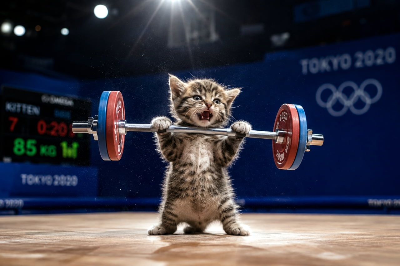 「「ニャンとしても、持ち上げるニャーーーッ!🔥🐾」キジトラ子猫の限界突破の咆哮、みんなで応援しようニャ📣✨ #猫オリンピック #ウエイトリフティング」An ultra-realistic high-quality photograph of a brown tabby kitten with its mouth wide open in a roar, lifting a miniature barbell loaded with red plates above its head in a weightlifting arena marked "TOKYO 2020" and the Olympic rings. Chalk dust is frozen in the air by bright spotlights. 東京2020オリンピックの青い舞台で、自らの体より大きなバーベルを咆哮(力んでいる表情)しながら頭上に持ち上げる、キジトラ柄の短毛子猫の全身写真。背後のボードには五輪マークと「TOKYO 2020」「KITTEN 85 KG」の文字が見え、スポットライトに照らされたチョークの粉が舞っている情景
