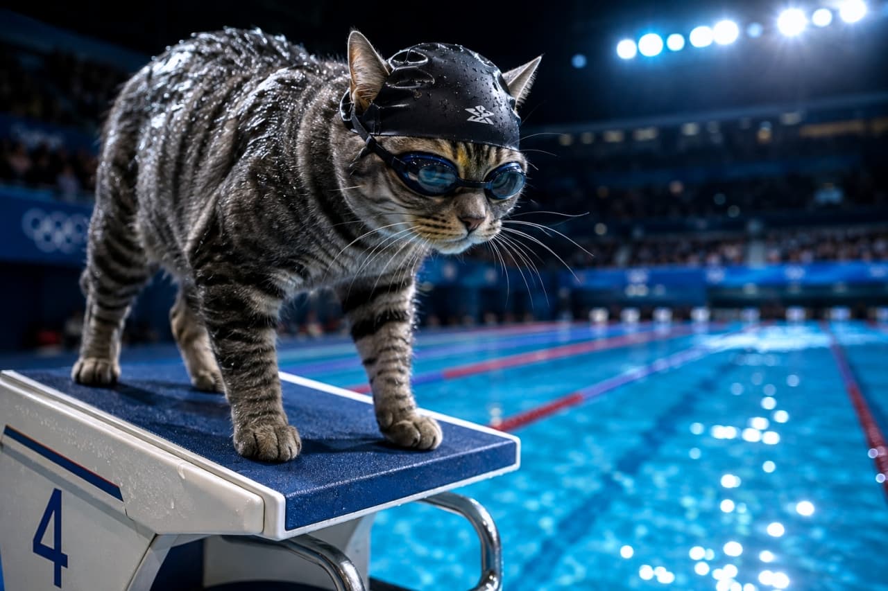 「「今日の水温は…絶好調だニャ🐾」スイムキャップとゴーグルを完璧に着こなしたアメショ風猫ちゃん、いざスタート!🏊♂️✨ #猫水泳 #競泳 #スタート台」An ultra-realistic high-quality photograph of a wet American Shorthair-patterned cat wearing a black swim cap and goggles, standing poised on the edge of a blue starting block numbered "4" at an indoor Olympic pool. The cat gazes intently down the swimming lane, with blurred crowds and course ropes in the background. 競泳用の黒いスイムキャップとブルーのゴーグルを着用し、全身が濡れてツヤツヤになったアメリカンショートヘア風の猫が、プールの4番スタート台の端に立っている写真。真剣な眼差しでコースレーンと青くきらめく水面を見つめており、背景には暗い観客席とコースロープが広がっている