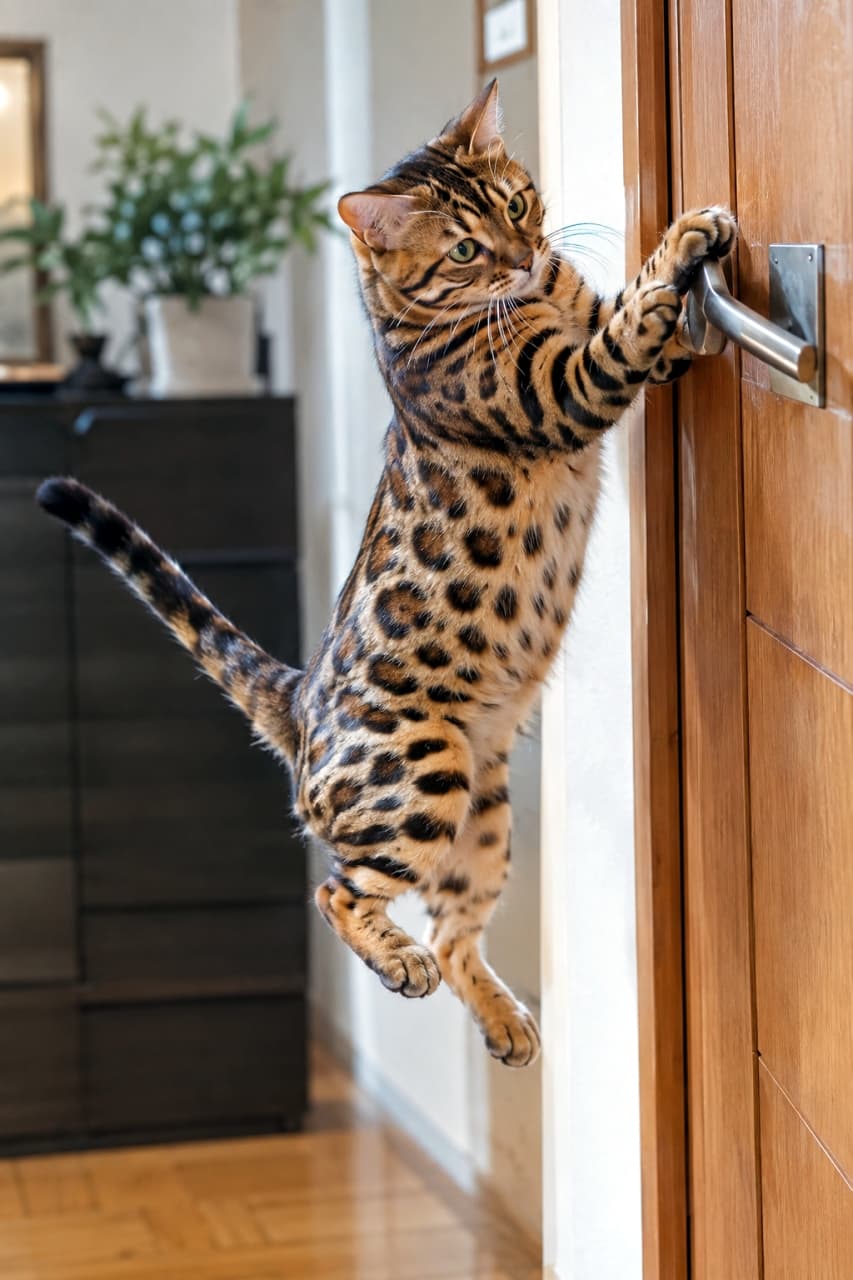 「絶対行かせにゃい！全力でドアを阻止するよ🐾 #猫 #ベンガル猫 #猫のアクション #阻止 #元気」Ultra-realistic high-quality photograph captures a beautiful Bengal cat with distinct rosettes in mid-air, leaping horizontally to grab a metal lever door handle on a wooden door with its front claws. Body taut, tail up. Background shows a dark cabinet and houseplant in a hallway, lit by natural daylight. Dynamic action shot with detailed texture. 廊下で、ロゼット模様が鮮明で美しいベンガル猫が、水平に空空中ージャンプし、木製ドアの金属製レバー式ドアノブに前脚の爪を立ててしがみつこうとしている。体がピンと伸び、尻尾が斜め上に上がっている。背景には黒いキャビネットと観葉植物があり、自然光が当たっている。躍動感あふれる瞬間を捉えた、リアルな質感描写