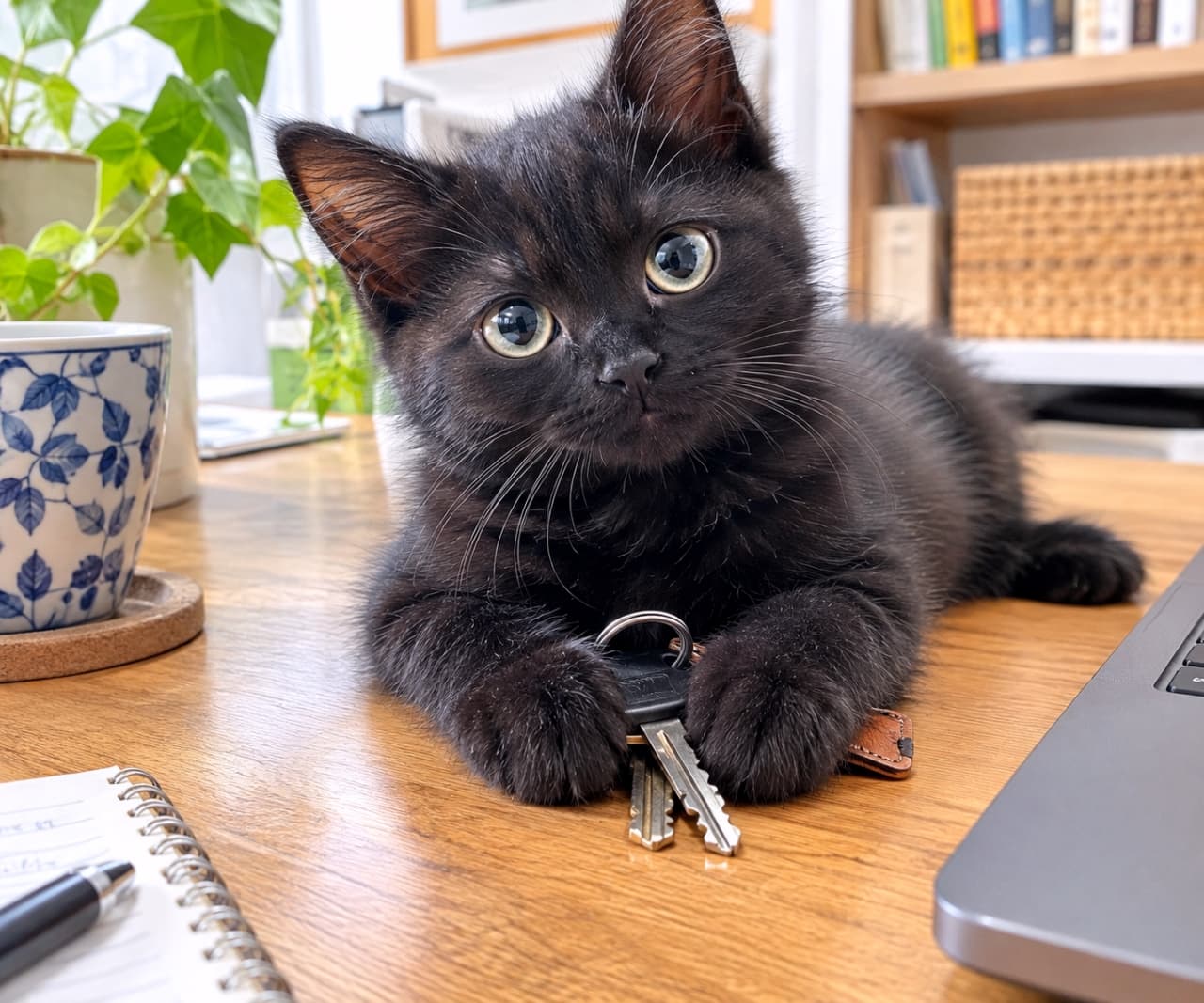 「鍵は渡さにゃい！今日はお仕事おやすみでしょ？🐾 #猫 #黒猫 #猫の阻止行動 #お仕事」Ultra-realistic high-quality photograph of a short-hair black kitten lying on a wooden desk, firmly holding a set of car keys with its paws. The kitten looks up with large, amber eyes, tilting its head slightly. On the desk are a pen, an open notebook, a blue-and-white coffee mug, and a laptop. The background is a softly lit room with bookshelves. The focus is on the kitten and the keys. 木製のデスクの上で、肉球で車の鍵（キーホルダー付き）をしっかりと抱え、首を少し傾けてカメラを見つめる短毛種の黒い子猫。大きな、澄んだ黄色い瞳が特徴的。デスクの上には、ペン、開いたノート、青い模様のコーヒーカップ、ノートパソコンが置かれている。背景は本棚のある部屋で、自然光が当たっている。子猫の柔らかい毛並みと鍵の質感が対比されている