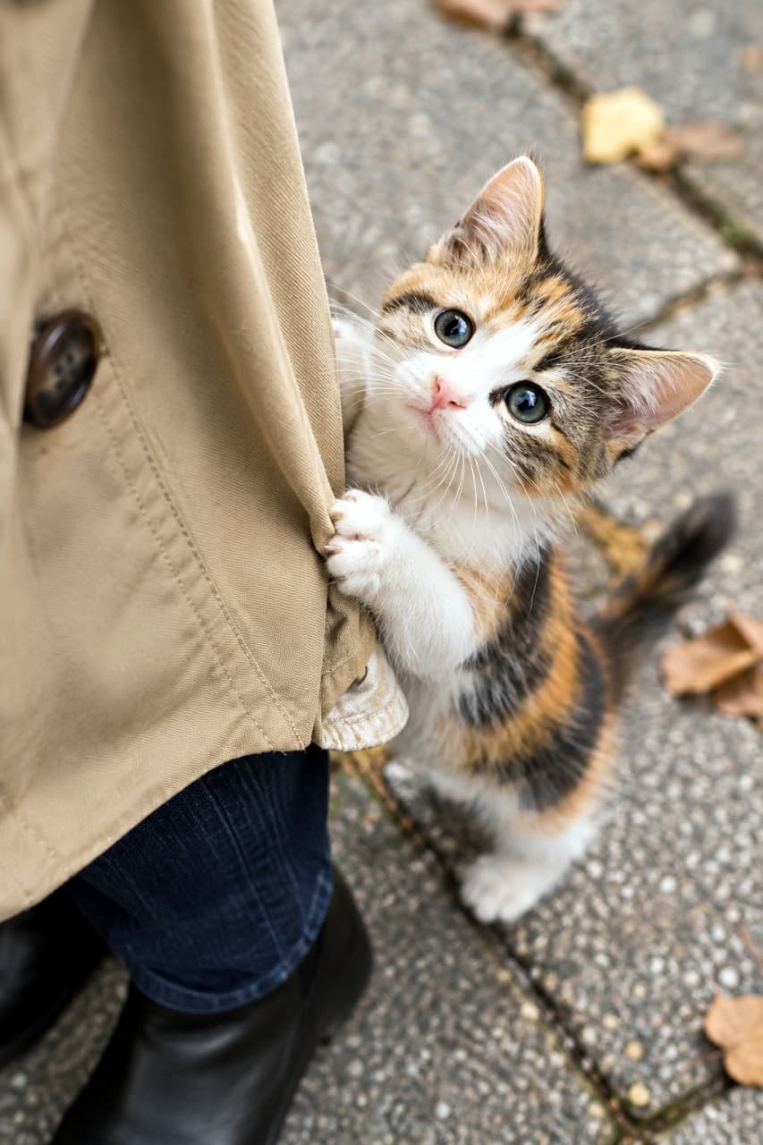 「「行かないで…」この瞳で見つめられたら、もう出かけられない！🍂 #猫 #子猫 #三毛猫 #お見送り #秋」Ultra-realistic high-quality photograph of a short-hair calico kitten clinging with its front paws to the hem of a beige trench coat. The kitten is looking up with large, greenish-blue eyes. It stands on a cobblestone pavement scattered with autumn leaves. The owner's lower legs in dark jeans and black shoes are partially visible. The cat's coat patterns are distinct against the tan fabric. 舗装された石畳の上で、飼い主が着用しているベージュのトレンチコートの裾に両前脚の爪を立てて掴まり、上を見上げる短毛種の三毛（キャリコ）の子猫。三毛猫は白、茶色、黒の模様。大きな、澄んだ青緑色の瞳が特徴的。背景は石畳と、散らばった枯れ葉（秋の雰囲気）。飼い主の足元（黒い靴とデニム）がわずかに見える。自然光が猫の顔を照らしている