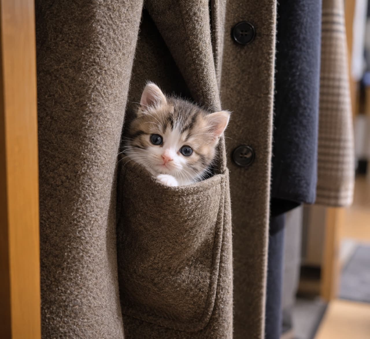 「このポケット、私の特等席にゃ🐾準備はできてるから一緒に出発しようね！お留守番はお断り！ #猫 #子猫 #三毛猫 #お出かけ阻止 #コート」Ultra-realistic high-quality photograph of a short-hair calico tabby kitten nestled in the pocket of a thick brown wool coat, resting its tiny white paws on the edge. It stares directly at the camera with innocent, large eyes. The background shows other hanging clothes, evoking a quiet winter morning in a closet. 肉厚なブラウンのウールコートのポケットにすっぽりと入り込み、小さな白い前脚をちょこんと縁にかけて顔を出す、短毛種の三毛縞（キャリコタビー）の子猫。あどけない大きな瞳で真っ直ぐにカメラを見つめている。背景には黒やチェックの衣服が並び、クローゼットの中での静かな冬の朝を感じさせる