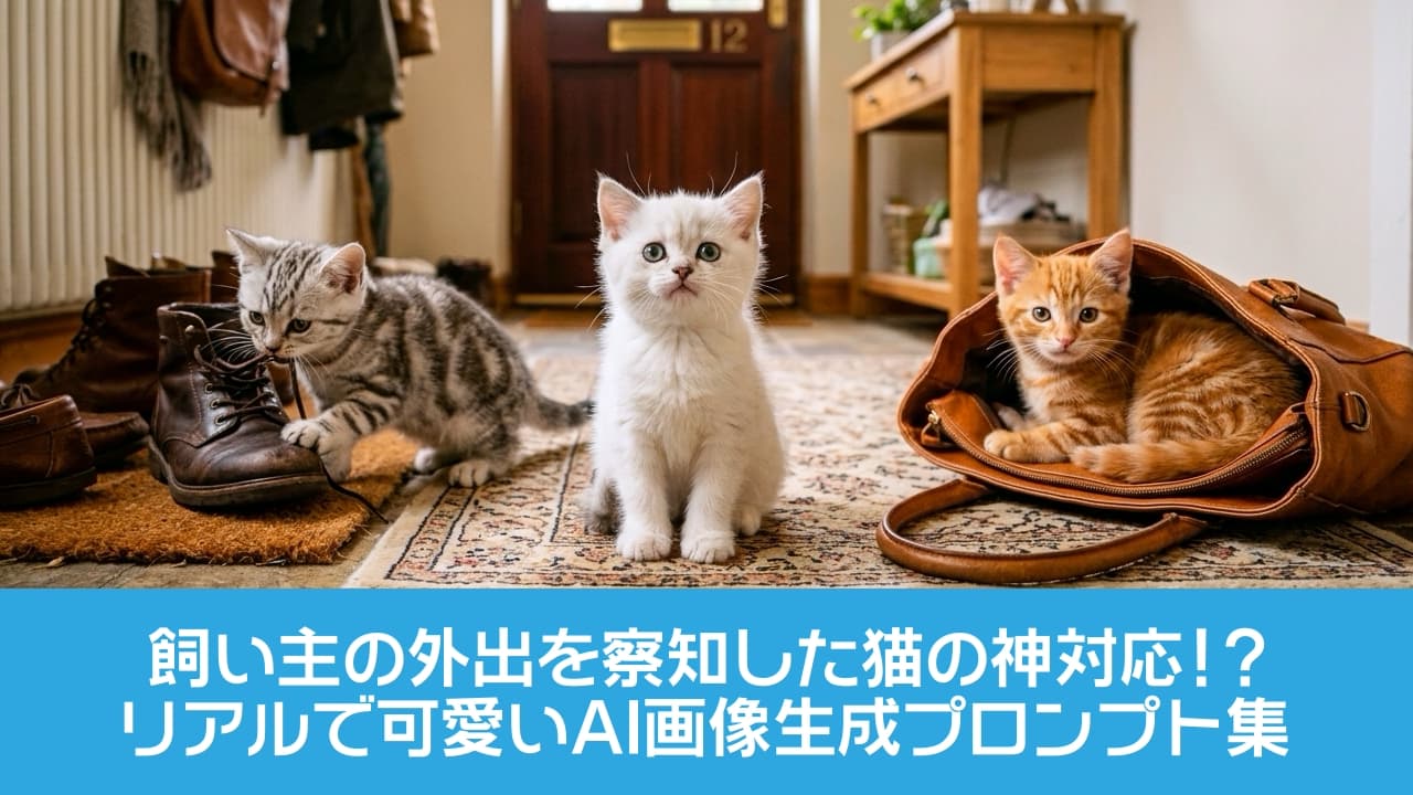 「玄関を開けたら、このお出迎え！個性爆発の3つ子ちゃんに、もうメロメロです🐾🏡✨」An ultra-realistic high-quality photograph of a vintage English entryway with three unique kittens. Centered on an antique rug, a white kitten with large blue eyes sits looking at the camera. To the left, a silver tabby kitten plays inside a brown leather boot. To the right, an orange tabby kitten is curled up inside a brown leather tote bag. The background features a dark wooden door with number 12, coat racks, and a wooden sideboard under soft, natural light, creating a cinematic and cozy atmosphere. クラシカルな英国風の玄関先、石畳のフロアに敷かれたオリエンタルなカーペットの上に、個性豊かな3匹の子猫がいます。中央には大きな青い瞳をした真っ白な子猫が座り、左側ではシルバータビーの子猫が革のブーツに顔を突っ込んで遊んでおり、右側では茶トラの子猫が革のハンドバッグの中にすっぽりと収まっています。背景にはアンティークな木の扉（ナンバー12）とサイドボードが見え、温かい自然光が差し込む、まるで映画のワンシーンのような情景です