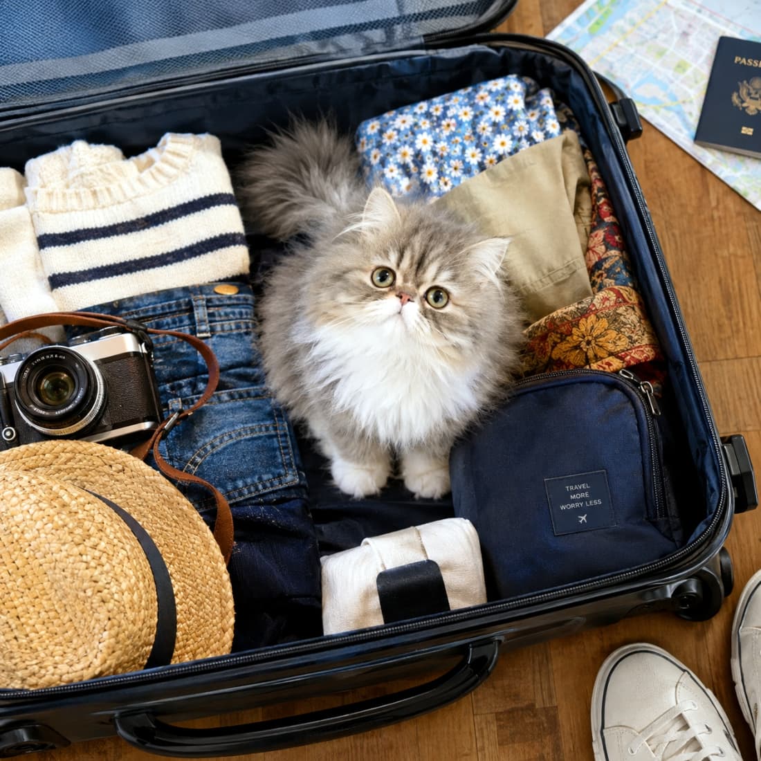 「パッキング完了にゃ！一緒に行く準備は万端だよ？ #猫 #ペルシャ #旅行 #潜入」Ultra-realistic high-quality photograph of a beautiful grey and white tabby Persian kitten nestled between packed clothes (sweaters, denim, floral patterns) inside a black suitcase, looking up with large yellow eyes. Travel gear (camera, straw hat, passport, map) are around it. Soft natural light illuminates the cat's long fur, showing rich texture. 黒いスーツケースの中に詰められた衣類（セーター、デニム、花柄）の間に、グレーとホワイトのタビー模様が美しいふわふわのペルシャの子猫がすっぽりと収まり、大きな黄色い瞳で上を見上げている。傍らには旅行グッズ（カメラ、麦わら帽子、パスポート、地図）が置かれている。柔らかな自然光が猫の長い被毛を照らし、質感豊かに描写されている