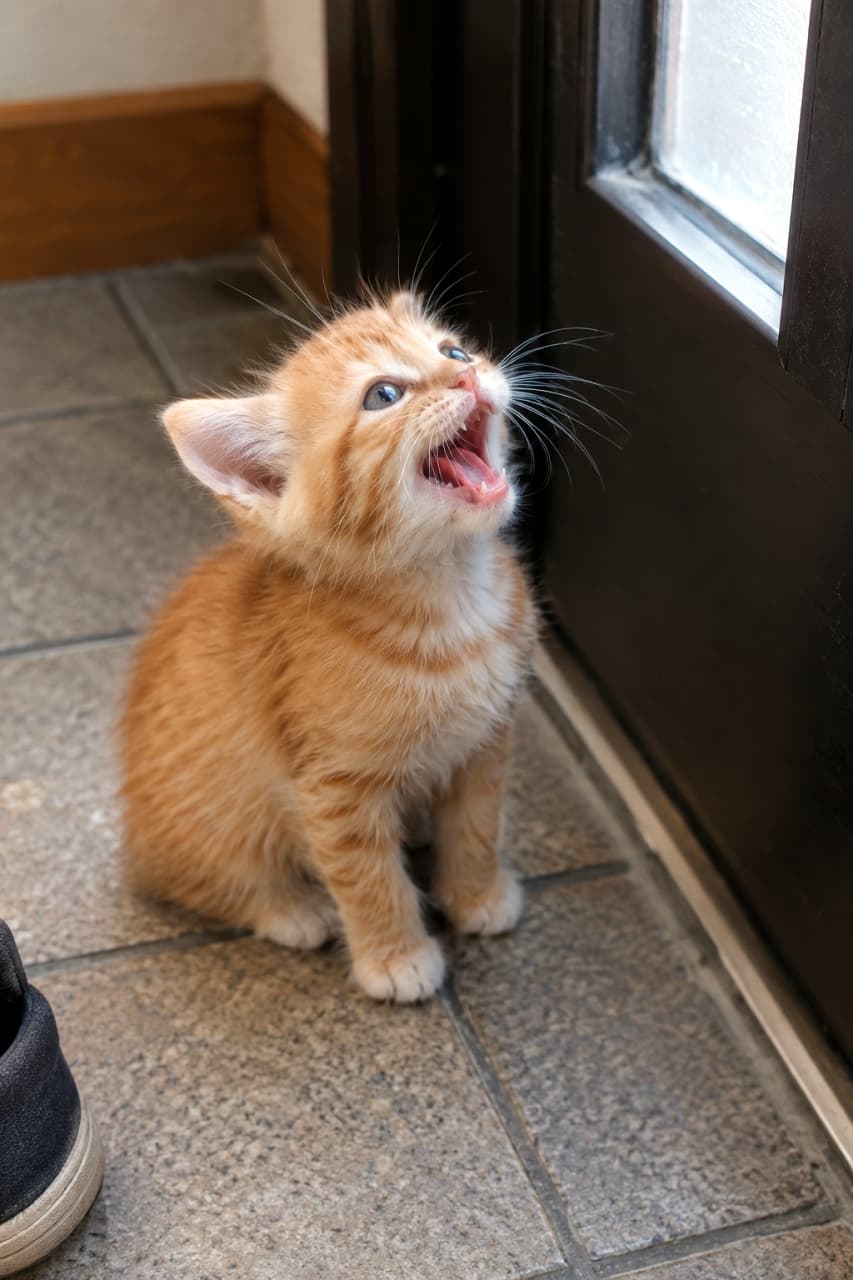 「「行かないで！」玄関で全力の訴え。この声を聞いたら、もう一歩も出られない…😭 #猫 #子猫 #茶トラ #お出かけ阻止 #玄関」Ultra-realistic high-quality photograph of a ginger tabby kitten (American Shorthair-type) sitting on a grey stone tiled entryway floor. Looking upwards, its mouth is wide open in a desperate meow, appealing to the owner (the camera). A dark wooden door frame and a partial shoe are in the background. The contrast between the kitten's bright orange fur and the entryway's hard textures is striking. 玄関のグレーの石タイル床に座る、アメリカンショートヘア系の茶トラ（レッドタビー）の子猫。上を見上げ、口を大きく開けて必死に鳴き、飼い主（カメラ）に訴えかけている。背景には濃い木製のドアと、飼い主の靴の一部が見える。子猫の鮮やかなオレンジの被毛と、玄関の硬い質感の対比が印象的