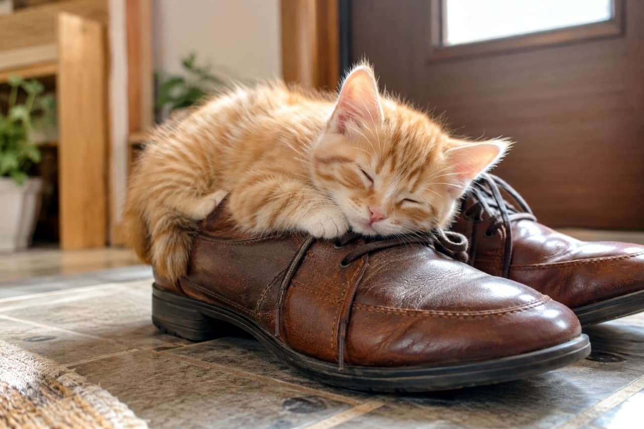 「この靴でお出かけなんてさせにゃい！阻止成功🐾 #猫 #子猫 #茶トラ #靴 #玄関」Ultra-realistic high-quality photograph of a ginger tabby kitten sleeping soundly on top of a pair of brown leather shoes (loafers) near a front door. The kitten is curled up, fitting into the shoe space, with its paws tucked near its face. The background includes a tiled floor, wooden furniture, and a door. Natural light illuminates the soft kitten fur and the worn leather of the shoes. 玄関に置かれた茶色の革靴（ローファー）の上で、丸くなって目を閉じ、ぐっすりと眠る短毛種の茶トラ（レッドタビー）の子猫。子猫は靴の中に体を収め、前脚を顔の横に置いている。背景は玄関のタイル敷き、木製の家具、そして玄関ドア。自然光が差し込み、子猫の柔らかい毛並みと革靴の質感が対比されている
