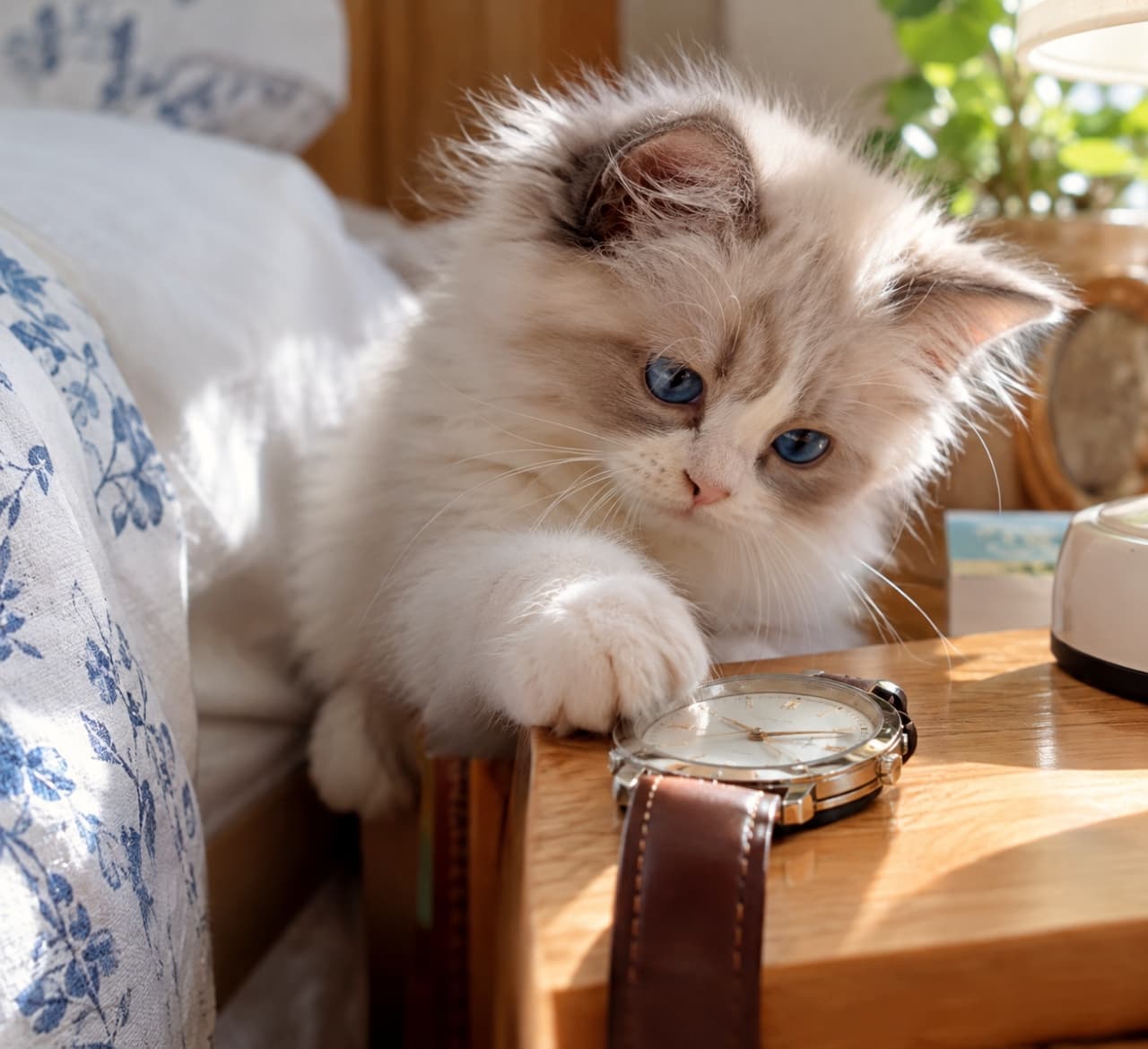 「時間は止めたにゃ！もう朝だなんて信じられにゃい #猫 #子猫 #ラグドール #おめざめ #阻止」Ultra-realistic high-quality photograph of a beautiful cream and grey point Ragdoll kitten with striking blue eyes, focusing on a brown leather strap analog watch on a bedside wooden table. One paw is near the watch, as if to stop it. Background includes a floral patterned pillow, an alarm clock, and a houseplant, with strong morning light highlighting the kitten's soft fur. ベッドサイドの木製テーブルで、クリームとグレーのポイントカラーが美しいラグドールの子猫が、青い瞳で茶色の革ベルトのレトロなアナログ時計を見つめている。前脚が時計の近くにあり、阻止しようとするかのよう。背景には花柄の枕、目覚まし時計、観葉植物があり、朝の強い光が差し込み、猫の柔らかな毛並みを美しく際立たせている