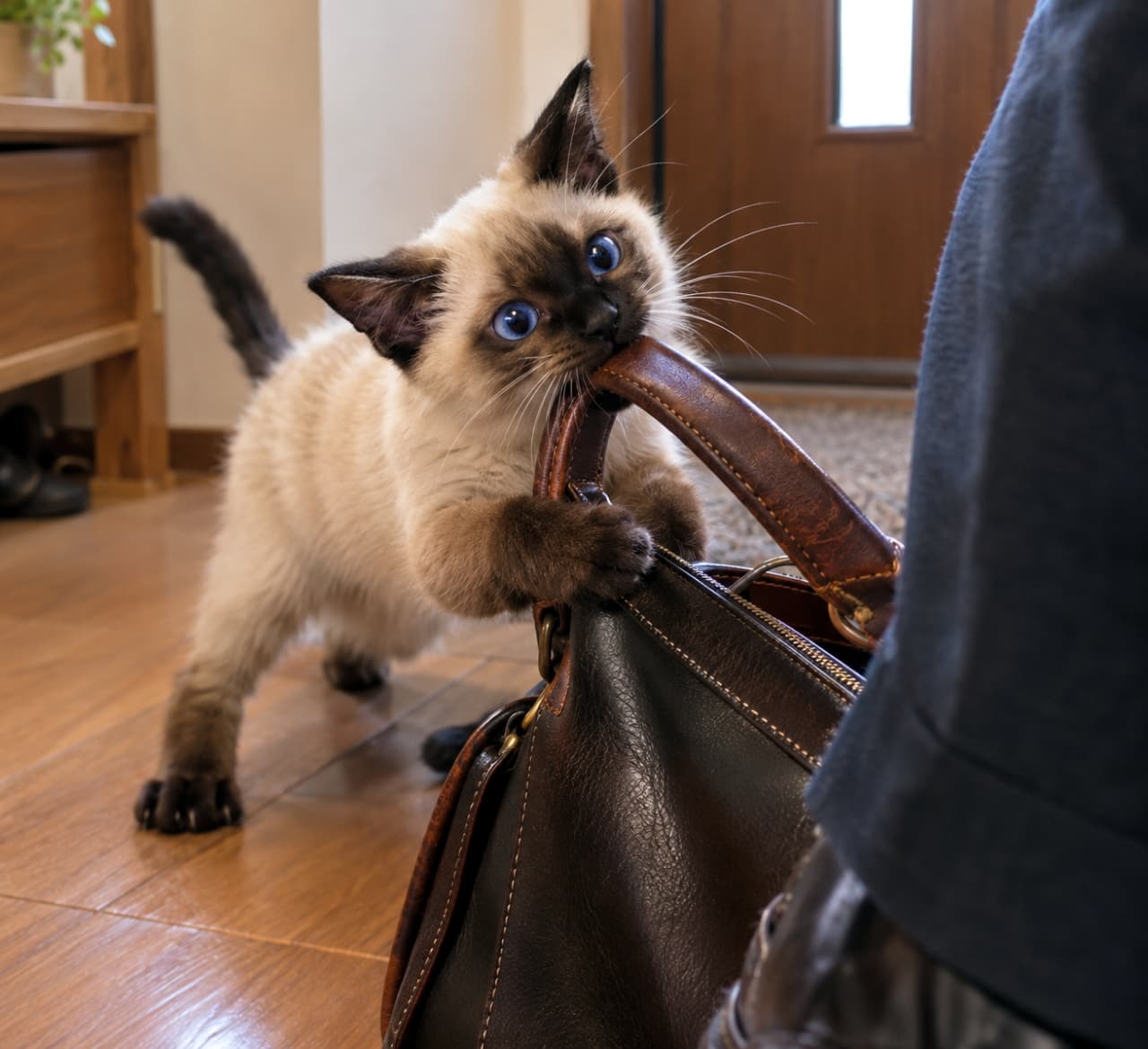 「力づくの引き留め作戦決行中🐾「このバッグは置いていくにゃ！」本気度が伝わってきます😆 #猫 #シャム猫 #子猫 #お出かけ阻止 #玄関」Ultra-realistic high-quality photograph of a short-hair Siamese-mix kitten firmly biting and pulling the handle of a brown leather bag at the entryway. The kitten is bracing its hind legs and using its front paws to hold the bag, staring intently with striking blue eyes. A portion of the owner's leg in dark clothing is visible on the right. 玄関のフローリング上で、飼い主の茶色い革製バッグの持ち手に強く噛みつき、両前脚で押さえ込みながら後ろ足で踏ん張っている短毛種のシャム風（ポイントカラー）の子猫。鮮やかな青い瞳を見開き、必死の抵抗を見せている。右側には出発しようとする飼い主の足が一部見えている