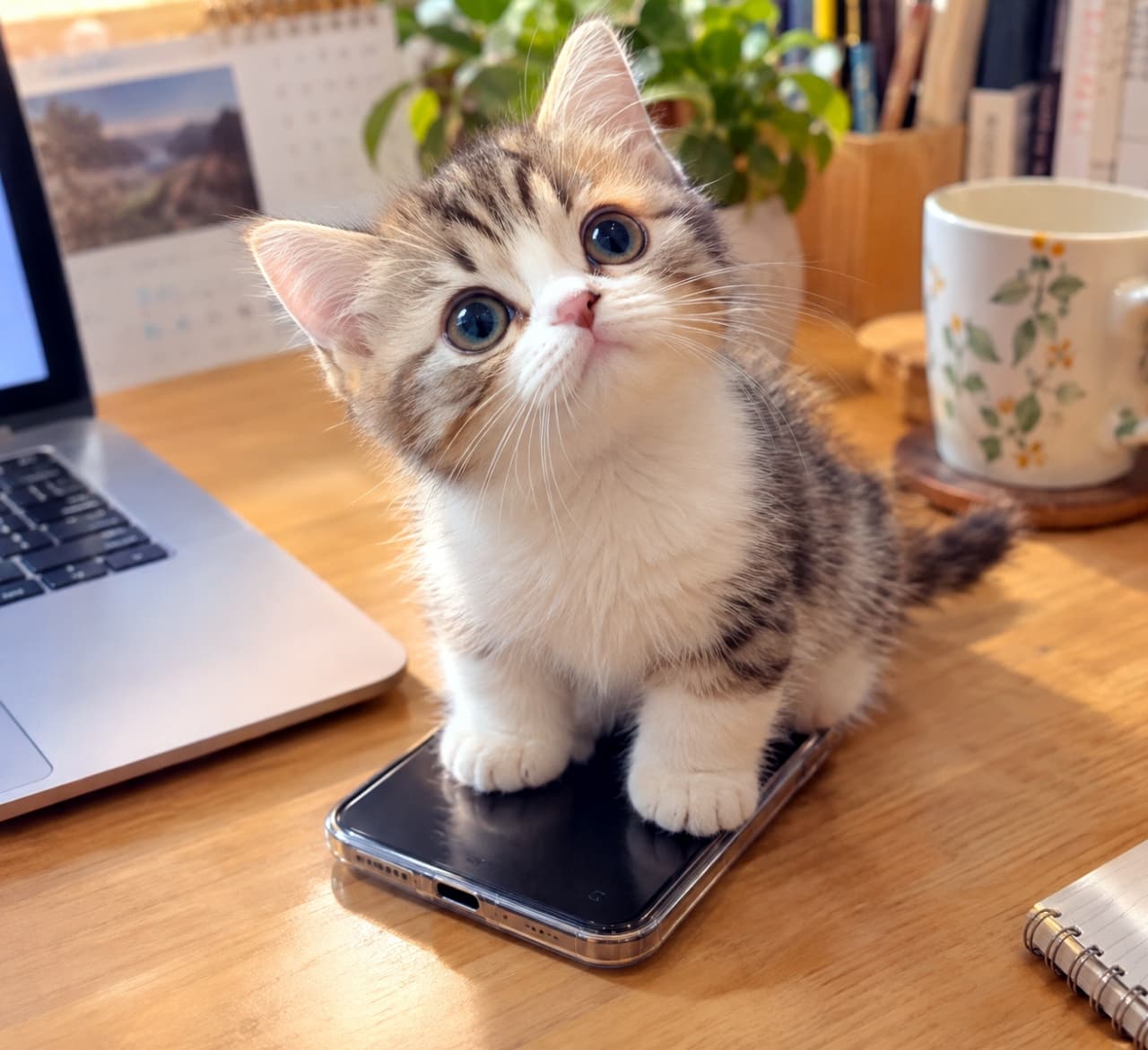 「今日はリモートワーク決定かにゃ？💻 スマホ占拠中！ #猫 #子猫 #猫のいる生活 #阻止」Ultra-realistic high-quality photograph of a beautiful silver tabby and white Munchkin kitten kitten sitting with front paws together on an upward-facing smartphone (in a black case) on a wooden desk, looking up pleadingly at the owner. Background includes a laptop, houseplants, a mug, and a calendar, all bathed in soft natural daylight. Rich fur texture and striking large eyes. 木製デスクの上で、シルバーとホワイトのタビー模様が美しいマンチカンの子猫が、ディスプレイが上を向いたスマートフォン（黒いケース付き）の上に前脚を揃えて座り、上目遣いで飼い主を見上げている。背景にはラップトップ、観葉植物、マグカップ、カレンダーがあり、柔らかな自然光が差し込んでいる。被毛の質感が豊かで、大きな瞳が印象的