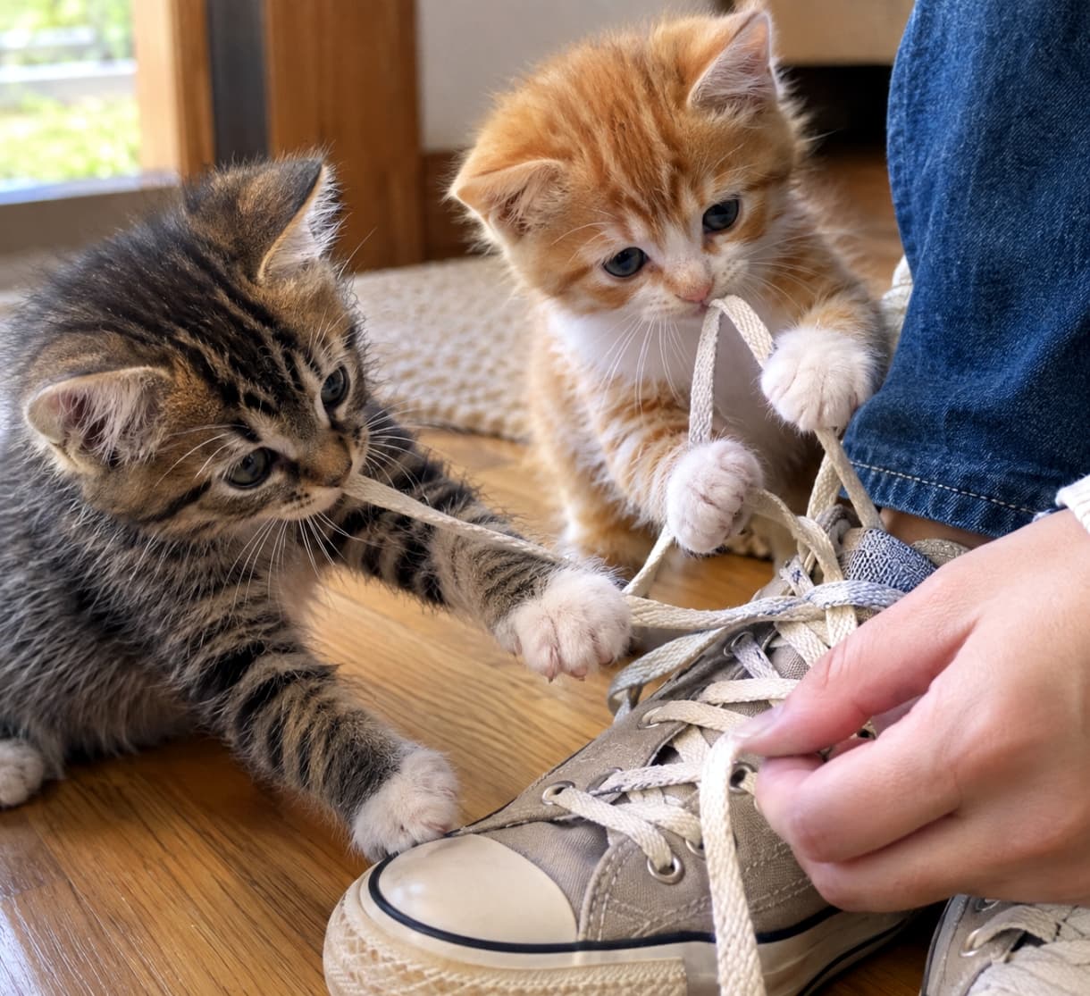 「阻止完了🐾 靴紐と格闘中！行かせにゃいよ #猫 #子猫 #猫のいる生活 #阻止 #靴紐」Ultra-realistic high-quality photograph of two short-hair kittens playing with shoelaces of beige sneakers worn by their owner (legs in denim) on a wooden floor. The left tabby kitten is biting a grey lace, and the right ginger kitten is pulling a white lace. Natural daylight illuminates the scene, capturing the kittens' soft fur and the laces' texture. 木製フローリングの上で、デニムパンツを履いた飼い主の足元にいる、短毛種の子猫2匹がベージュのスニーカー（グレーの靴紐付き）とじゃれ合っている。左側のサバトラの子猫は靴紐を噛み、右側の茶トラの子猫も同じく靴紐を引いている。自然光が差し込み、子猫たちの柔らかな毛並みと靴紐の質感が豊かに描写されている