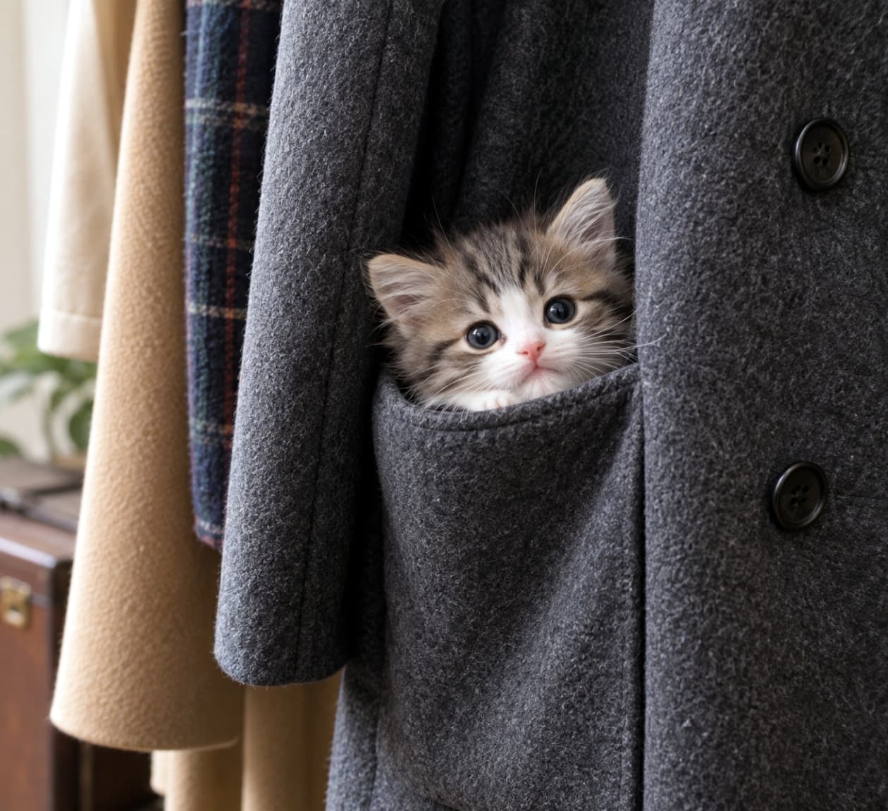 「お出かけですか？私もポケットに入ってついて行きますにゃ🐾絶対お留守番しないアピール炸裂中！ #猫 #子猫 #お出かけ阻止 #キジ白」Ultra-realistic high-quality photograph of a short-hair tabby and white kitten nestled inside the pocket of a grey wool coat, peeking out with large, clear eyes. The background features other hanging garments in beige and plaid, illuminated by soft winter light highlighting the kitten's fluffy fur. グレーのウールコートのポケットにすっぽり入り込み、顔だけを出してカメラを見つめる短毛種のキジ白（ブラウンタビー＆ホワイト）の子猫。丸く澄んだ瞳で健気に訴えかけている。背景にはベージュやチェック柄の衣服が掛かっており、冬のお出かけ前の柔らかな光が被毛を照らしている