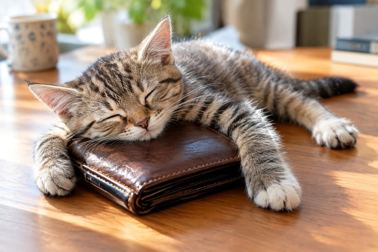 「これがないとお出かけできないでしょ？お財布は私が預かりました💤平和すぎる阻止行動に降参！ #猫 #キジトラ #子猫 #お留守番 #財布」Ultra-realistic high-quality photograph of a short-hair brown tabby kitten sleeping soundly, hugging a worn brown leather wallet on a wooden desk. Warm, angled sunlight from a window beautifully highlights the kitten's striped fur and the rich texture of the leather. A mug is partially visible in the background. 木製のデスク上で、使い込まれた茶色い革財布を枕にするように両前脚で抱え込み、幸せそうに目を閉じて熟睡する短毛種のキジトラ（ブラウンタビー）の子猫。窓からの暖かな斜光が子猫の美しい縞模様と革の質感を豊かに描写している。奥にはマグカップが置かれている