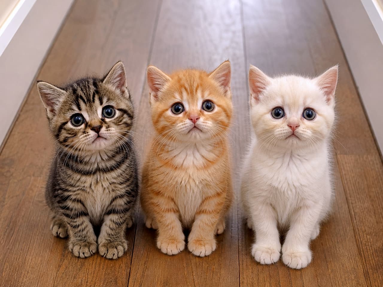 「廊下に鉄壁のバリケード出現🐾この3匹の真っ直ぐな瞳を突破できる人なんていません！今日はお家で遊びましょう✨ #猫 #子猫 #お出かけ阻止」Ultra-realistic high-quality photograph of three short-hair kittens (tabby, ginger, and white) sitting in a neat row on a wooden hallway floor. They are all looking up at the camera with large, pleading eyes, effectively blocking the path. Soft indoor lighting beautifully highlights their different coat colors. フローリングの廊下に横一列に並んでお座りをする3匹の短毛種の子猫たち（左からキジトラ、茶トラ、白猫）。全員が丸く澄んだ大きな瞳でカメラ（飼い主）をじっと見つめ上げており、道を塞いで外出を阻止している。柔らかな室内光が3匹の異なる毛色を美しく照らしている