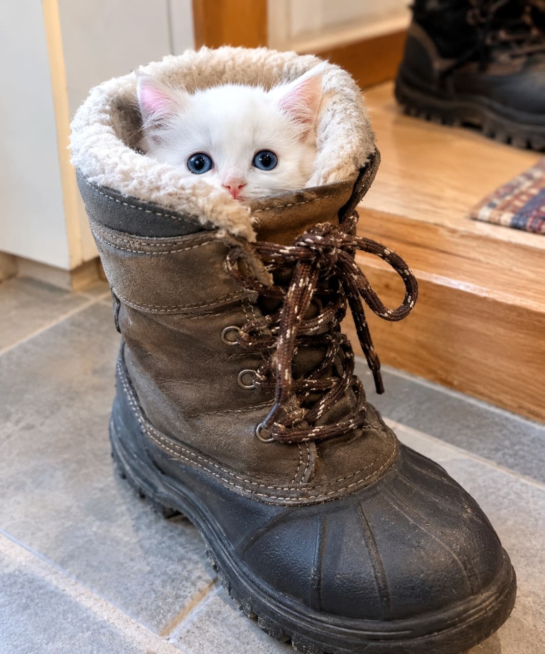 「「私も行く！準備は万端だよ？」ブーツから覗く青い瞳。阻止成功…？😂 #猫 #子猫 #白猫 #お出かけ阻止 #ブーツ #潜入」Ultra-realistic high-quality photograph of a dark grey snow boot with sheepskin lining sitting on a grey tiled entryway floor. A pure white kitten with striking blue eyes (likely a mix) has hidden inside the boot, with only its head visible, peeking over the rim and staring intently at the owner. A wooden staircase and another shoe are in the background. Natural daylight illuminates the scene, highlighting textures. 玄関のグレーのタイル床に置かれた、濃いグレーのスノーブーツ（ムートン内張り）。その中に入り、顔だけ出した、純白の被毛と青い瞳を持つミックスの子猫。子猫はブーツの縁から覗き、飼い主をじっと見つめている。背景には木製の階段と別の靴が見える。玄関の自然光が、子猫の被毛とブーツの質感を際立たせている