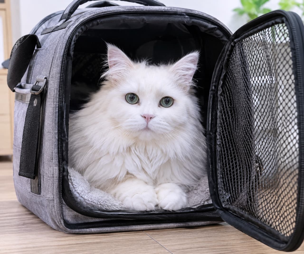 「準備はOK！と言わんばかりの圧を感じます😂 「私も行くからね？」 #猫のいる暮らし #お出かけ #キャリーバッグ」Ultra-realistic high-quality photograph of a longhair white cat (possibly a Persian or Chinchilla mix) nestled comfortably inside a grey fabric pet carrier bag on a wooden floor. The cat's long, fluffy white fur and striking green eyes look directly at the camera. Its front paws are neatly tucked. The background is a gently blurred domestic interior with natural light and a hint of a green plant. グレーのテキスタイル製キャリーバッグの中にすっぽりと収まり、カメラをじっと見つめる長毛種の白猫（品種推測：ペルシャミックス、またはチンチラペルシャ系）。ふわふわの被毛は白く、透き通った緑色の瞳が印象的。バッグの奥に座り、前脚を揃えている。背景は清潔感のある木製フローリングと、わずかに見える観葉植物。自然光が猫の顔を照らし、毛の質感が詳細に描写されている