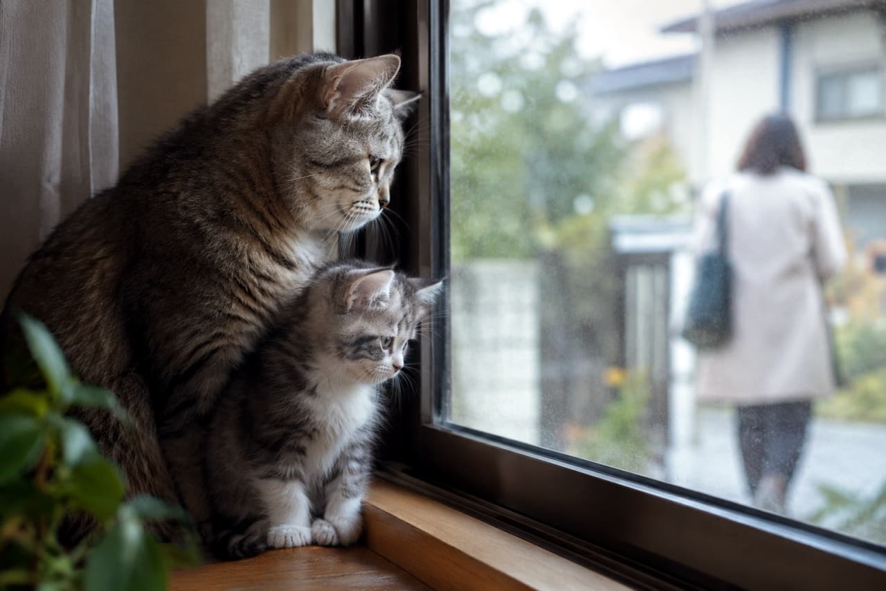 「「待って…」遠ざかる背中を見つめる二人。無言の訴えが心に刺さります😢 #猫 #サバトラ #お見送り #寂しい #親子猫」Ultra-realistic high-quality photograph of an American Shorthair-type silver tabby cat parent and kitten sitting together on a wooden window sill. The larger parent cat is protectively hugging the smaller kitten as they both look out the window with visibly sad expressions. Through the glass, a softly blurred figure of a woman (the owner) walks away under an overcast sky. Soft, natural light illuminates the cats' silver fur. 窓辺の木製サッシに座る、アメリカンショートヘア系のサバトラ親子猫。手前の大きな成猫が、小さな子猫を包み込むように座り、二人とも寂しげな表情で窓ガラスの向こうを見つめている。窓の外には、曇った景色を背景に、遠ざかっていく女性の後ろ姿（飼い主）がぼやけて見える。柔らかな窓からの自然光が猫たちのシルバーの被毛を照らしている