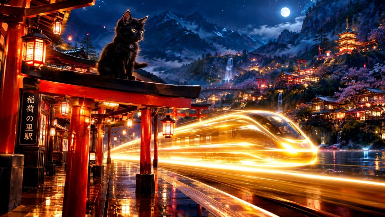 「満月の夜だけ現れる秘密の駅。黄金の列車を見送る黒猫駅長さんがカッコいいでしょ?🌕🐈⬛🚄」An ultra-realistic high-quality photograph of a black kitten sitting on the roof of a red torii gate structure at 'Inari Village Station' under a full moon. The kitten watches a sleek, futuristic train zooming past, leaving a trail of golden light. The background features a mystical night landscape with waterfalls, mountains, and traditional Japanese buildings illuminated by lanterns. 満月が照らす幻想的な夜の渓谷に佇む「稲荷の里駅」。朱色の鳥居の屋根の上にちょこんと座り、黄金色の光の帯となって走り抜ける近未来的な流線型の特急列車を見下ろす黒猫の子猫。背景には滝が流れる山々と、提灯でライトアップされた和風の建築群が広がり、神秘的な和洋折衷の美しい情景を描き出している