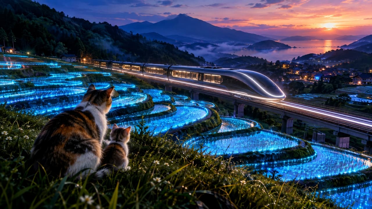 「青く光る棚田と星空の特急列車。親子のナイショの絶景スポットへようこそ🌌🐈🚄」An ultra-realistic high-quality photograph from behind of a mother calico cat and her kitten sitting on a grassy hill, overlooking magical terraced rice paddies glowing with bioluminescent blue light. In the background, a sleek futuristic train speeds across a viaduct under a breathtaking twilight sky where dusk meets sunset. The silhouettes of the wild grass and the radiant blue water create a serene and epic landscape. 夕闇と夕焼けが交差する美しいマジックアワーの空の下、青く発光する幻想的な棚田を見下ろす丘の上でお座りをする親子の猫たち。三毛猫とその隣に並ぶ子猫の視線の先には、高架線を滑るように走る流線型の未来的な特急列車がある。草花のシルエットと、棚田の水面に反射する神秘的な青いイルミネーションが、静かで壮大な夜の始まりを告げている