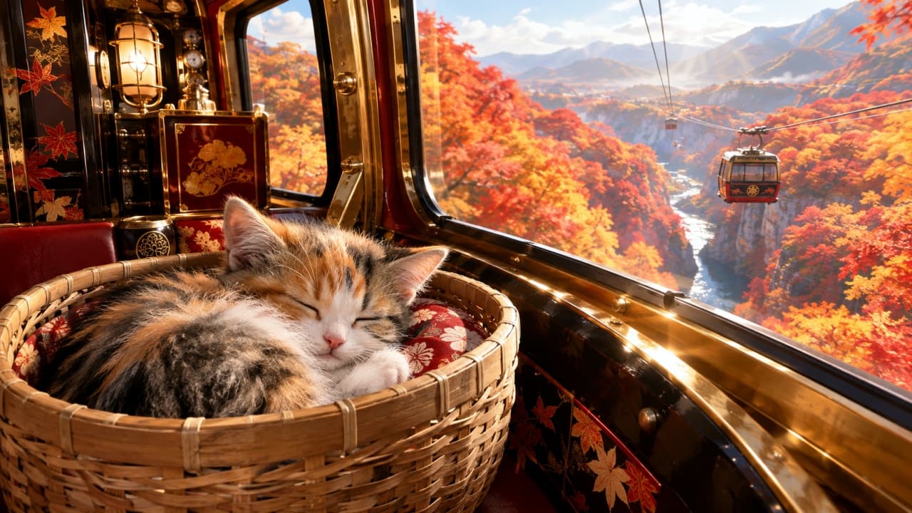 「夢の途中。絶景をバックにおやすみなさい😴🍁✨」An ultra-realistic high-quality photograph of a sleeping calico kitten nestled on a cushion inside a woven basket on a luxurious train. The cat is closed-eyed and peaceful. Through the window, a breathtaking panorama of autumn foliage, mountains, a river valley, and a distant ropeway is visible. The ornate train interior features gold accents and traditional Japanese lacquerware-style shelves, bathed in warm light. 豪華な装飾が施された列車の客室で、籐のバスケットの中のクッションの上で丸くなって眠る三毛猫(キャリコ)の子猫。猫は目を閉じており、柔らかい被毛が特徴。窓からは、燃えるような紅葉が広がる山々と谷、そして遠くを走るロープウェイが見える。室内は金色の金具や漆塗りのような棚があり、暖かく高級感のある光に包まれている