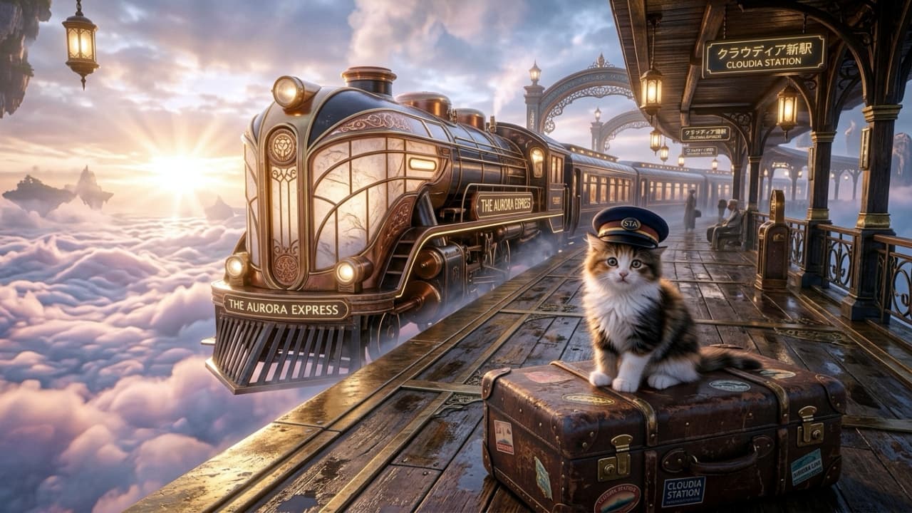 「雲の上の駅で出発進行！小さな駅長さんと一緒に幻想的な銀河旅行へ出かけませんか？列車に乗っていざ出発🐾✨ #猫 #ファンタジー #銀河鉄道 #駅長猫」An ultra-realistic high-quality photograph of a fantasy scene at \"CLOUDIA STATION\" above a sea of clouds. In the foreground, an adorable fluffy brown tabby and white kitten wearing a miniature stationmaster cap sits proudly on a vintage leather suitcase covered in travel stickers. Next to the platform, a magnificent steam-locomotive-style train labeled \"THE AURORA EXPRESS\" with ornate gold detailing is ready for departure. Rays of golden sunlight pierce through the clouds, creating a magical, dreamlike atmosphere. 雲海の上に浮かぶファンタジー溢れる駅「クラウディア新駅（CLOUDIA STATION）」のホームでの一コマ。手前にはステッカーがたくさん貼られた革のヴィンテージトランクが置かれ、その上に制帽をかぶった長毛種のキジシロの子猫がちょこんと座り、澄んだ瞳でこちらを見つめている。傍らには「THE AURORA EXPRESS」と刻まれた金色の装飾が施された豪華な蒸気機関車風の列車が停車しており、後光のように差し込む夕暮れ（または朝焼け）の光と広大な雲海が、幻想的でドラマチックな雰囲気を醸し出している