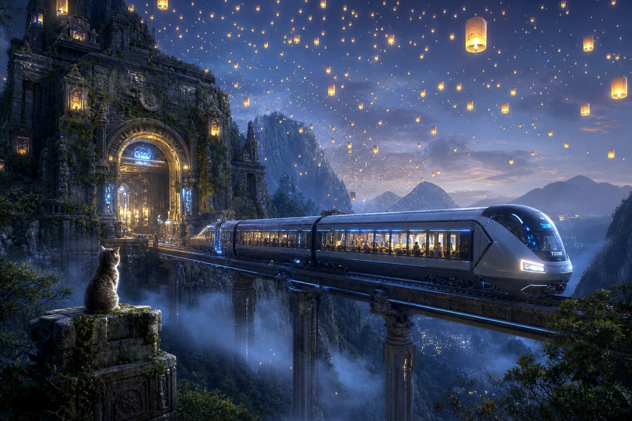 「古代遺跡から出発する未来の特急列車!空に舞う無数のランタンが幻想的でずっと見ていたいね🏮🐈🚄」An ultra-realistic high-quality photograph of a grey kitten sitting on a mossy stone pillar, quietly watching a sleek, futuristic silver train emerge from a massive, glowing ancient stone archway. The twilight sky above the mountainous landscape is filled with countless floating sky lanterns, creating a magical blend of ancient ruins and high technology. 深い森に囲まれた古代遺跡のような巨大な石のアーチから、近未来的なシルバーの流線型列車が出発する様子を、苔生した石柱の上から静かに見送るグレーの子猫。夕闇が迫る山々の空には無数のランタンが暖かな光を放って舞い上がり、新旧の技術と幻想的な情景が交差する超高画質写真