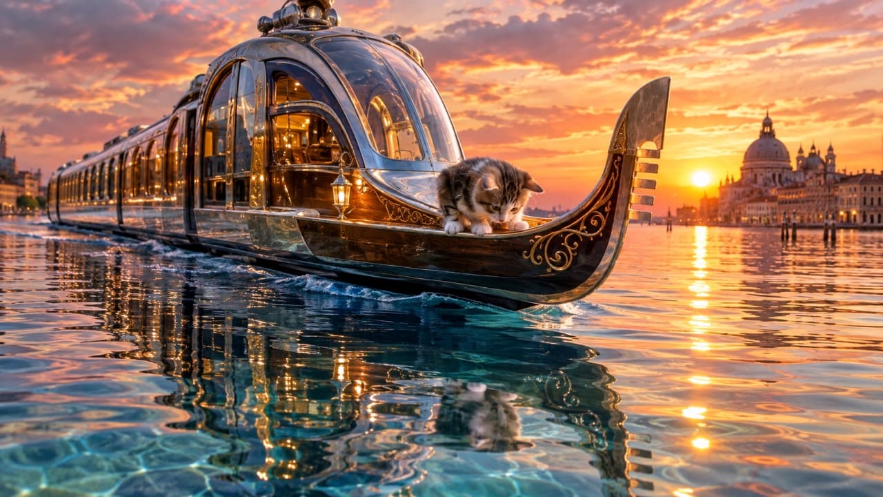 「黄金色の夕焼けに染まる水上列車から、お魚を探してるのかな?ロマンチックな水の都の冒険へ出発🌅🛶🐾」An ultra-realistic high-quality photograph of a curious tabby-and-white kitten peering over the ornate golden bow of a luxurious water train gliding across calm waters. The background features historical, Venice-like architecture under a breathtaking golden sunset, with the magic hour light reflecting beautifully on the water and the kitten's fur. ヴェネツィアを思わせる歴史的な街並みを背景に、夕暮れの穏やかな水面を進む豪華な装飾が施された水上列車の舳先。そこに身を乗り出し、水面に映る自分や波をジッと見つめるキジ白の子猫。黄金色に染まるマジックアワーの光が、列車の真鍮と子猫の毛並みを美しく輝かせる超高画質写真