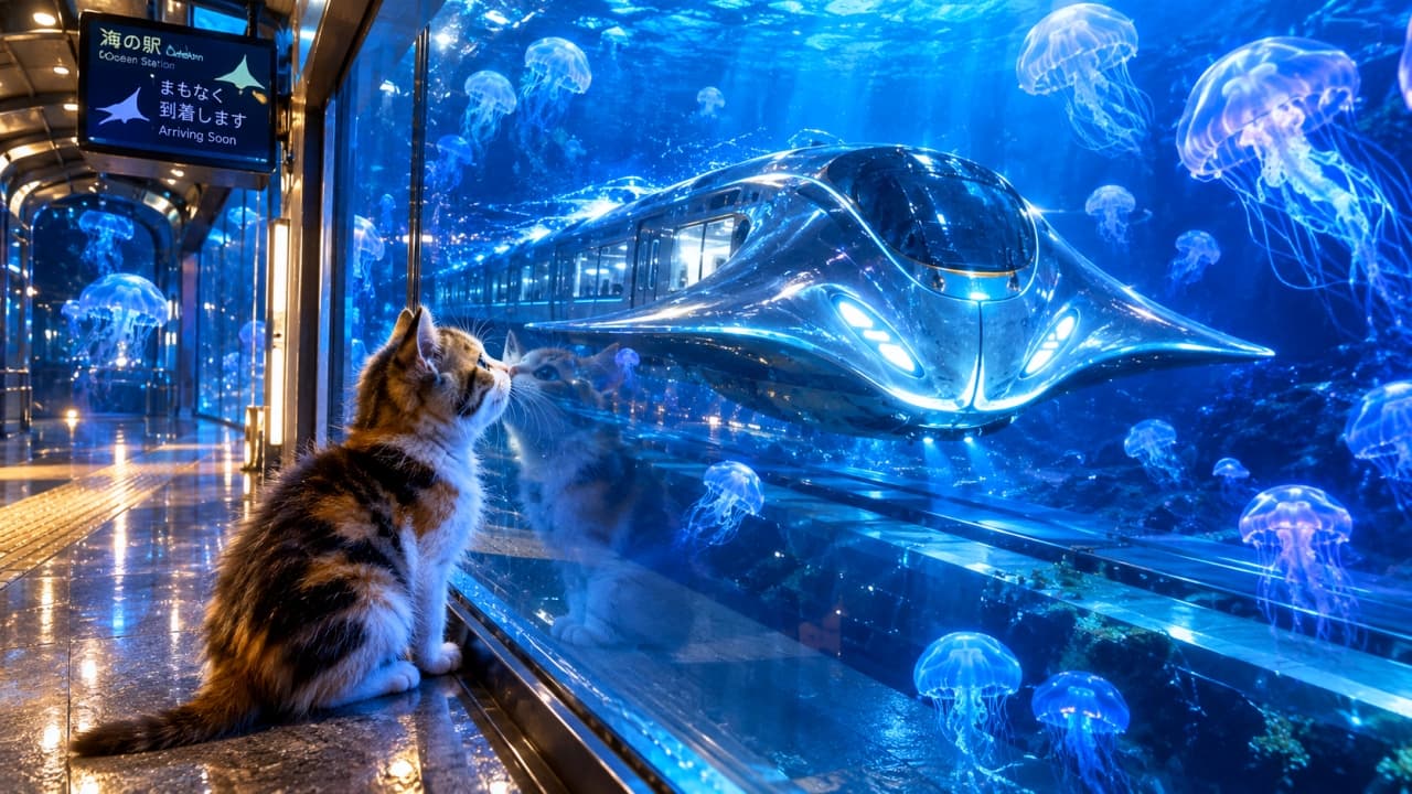 「光るクラゲとお魚みたいな列車!海底駅のロマンチックな待ち時間🐠🚉✨」An ultra-realistic high-quality photograph of a calico-tabby mix kitten sitting on the platform of a glowing blue underwater station, looking through a large glass window. Outside, a sleek, futuristic silver train shaped like a manta ray glides through water filled with bioluminescent jellyfish. The blue light reflects beautifully on the tiled floor and emphasizes the soft texture of the kitten's fur and its reflection in the glass. 青く輝く幻想的な海底駅のホームで、ガラス窓越しに外を見つめる三毛キジトラの子猫。窓の向こうには無数の光るクラゲが漂い、エイのような流線型の近未来的なシルバーの列車が到着しようとしている。床のタイルに反射する青いイルミネーションと、子猫の柔らかな被毛のシルエット、そして窓に反射して映る子猫の顔が神秘的な空間を創り出している