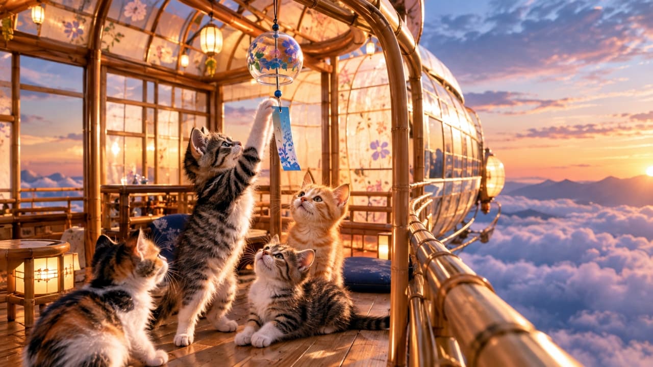 「夕焼け空の特等席で風鈴遊び!不思議な空の旅はまだまだ続くよ🎐🌅🐈」An ultra-realistic high-quality photograph of three kittens (a brown tabby, an orange tabby, and a calico) on the bamboo deck of a magical airship above a sea of clouds at sunset. The brown tabby is standing on its hind legs reaching for a glass wind chime, while the others watch with curious expressions. The warm golden hour light beautifully illuminates their fluffy fur and the intricate bamboo structure. 雲海に沈む美しい夕焼け空を背景に、竹とガラスで作られた幻想的な飛行船のデッキで風鈴で遊ぶ3匹の子猫たち。立ち上がって青い朝顔柄の風鈴に一生懸命手を伸ばすキジトラ、それを見つめる茶トラと三毛猫の好奇心旺盛な丸い瞳が印象的。暖かな黄金色の夕暮れの光が、ふわふわの被毛や和風の竹の質感を美しく照らし出している