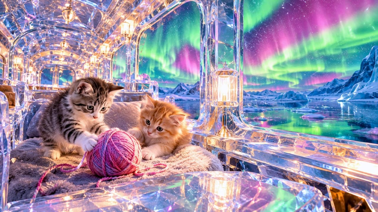 「窓の外はキラキラのオーロラ!でもふたりはピンクの毛糸玉に夢中みたい🧶❄️一緒に遊びたいな🐈✨」An ultra-realistic high-quality photograph of a silver tabby-and-white kitten and an orange tabby kitten playing with a pink ball of yarn inside a transparent train made of ice and glass. Outside the window, a spectacular pink and green aurora borealis dances above an icy ocean and icebergs, illuminating the kittens' fluffy fur. 氷とガラスで作られたような透明な列車の客室内で、ピンク色の毛糸玉にじゃれつくサバ白と茶トラの子猫たち。窓の外には、氷山が浮かぶ極寒の海と、夜空を彩るピンクやグリーンの壮大なオーロラが広がっている。室内のランプの暖光とオーロラの神秘的な光が、フワフワの毛並みを照らす超高画質写真