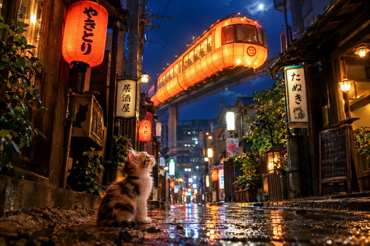 「あれは何だろう?夜の街に現れた不思議な光🌟🤔」An ultra-realistic high-quality photograph of a Tabby and White kitten sitting on a wet, lantern-lit Japanese night street and looking upwards with curious eyes. Above, a futuristically designed elevated monorail, illuminated like a large orange paper lantern, glides through the air. The scene is filled with traditional red lanterns, signs for 'yakitori' and 'izakaya', and reflections on the damp pavement, creating a vibrant, atmospheric contrast between old and new. 夜のレトロな雰囲気の日本の横丁で、石畳の上に座り、上空を見上げるキジトラ白(タビー・アンド・ホワイト)の子猫。猫は好奇心旺盛な表情で、大きな目で頭上を走るオレンジ色の提灯のような光を放つ空中モノレールを見つめている。周囲には赤い提灯や看板(「やきとり」「居酒屋」「たぬき」)が並び、濡れた地面に光が反射している