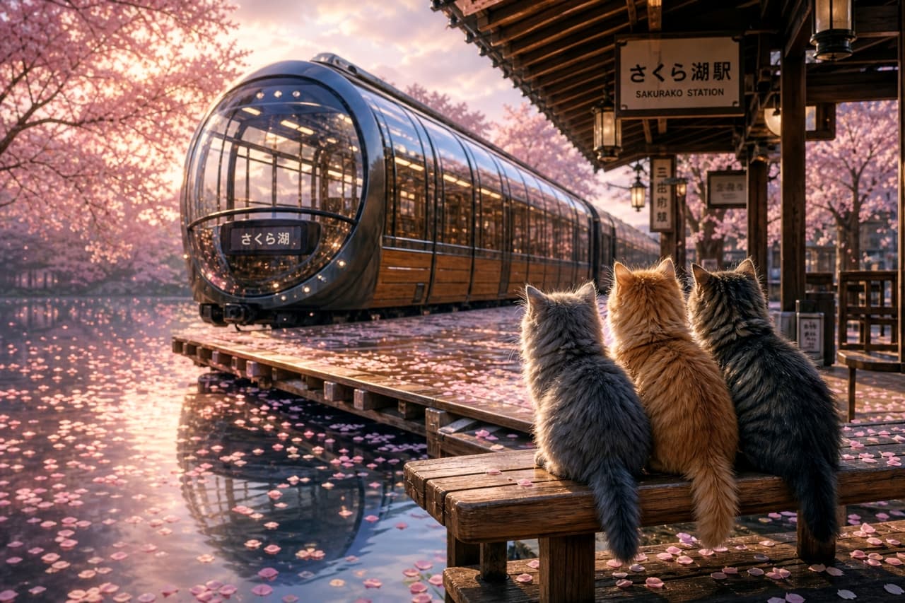 「春の訪れ。新しい旅の始まりに、みんなでワクワク🌸🐈🚌」An ultra-realistic high-quality photograph of three cats (a long-haired grey, a short-haired orange tabby, and a long-haired brown tabby) sitting side-by-side on a wooden bench at a train station called 'Sakurako Station', which is surrounded by full-blown cherry blossoms. They are looking out over a lake towards a sleek, glass-encased futuristic train. The water's surface is dotted with fallen petals, all under a warm sunset sky. 桜が満開の春の駅(「さくら湖駅」の看板あり)で、木製のベンチに並んで座り、近未来的なデザインのガラス張りの列車を見つめる三匹の猫(グレーの長毛、茶トラの短毛、キジトラの長毛)。猫たちは後ろ姿で、列車は湖の上に設置された線路を走っている。水面には桜の花びらが浮かび、夕景の光が暖かく差し込んでいる