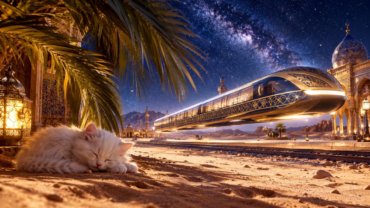 「星空の下、魔法のじゅうたんみたいな列車が通り過ぎても夢の中😴🌟素敵な旅の続きを見てね🐈」An ultra-realistic high-quality photograph of a fluffy white long-haired kitten sleeping peacefully on the desert sand under a breathtaking starry night sky and Milky Way. In the background, a futuristic hover train adorned with arabesque patterns glides past illuminated, magnificent Islamic-style architecture and palm trees, bathed in exotic golden light. 満天の星空と天の川が広がる夜の砂漠で、スヤスヤと眠る長毛種の白猫の子猫。背景にはライトアップされたモスク風の壮麗な建築物とヤシの木があり、アラベスク模様の装飾が美しい近未来的なホバー列車が砂の上を滑るように走っている。エキゾチックな金色の光が猫のふわふわな被毛を優しく照らすファンタジー風景
