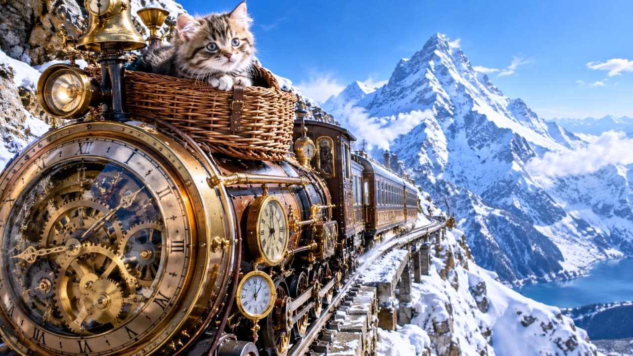 「黄金の時計仕掛けの機関車で雪山探検!バスケットの特等席から何が見えるかな?🏔️🚂🐾」An ultra-realistic high-quality photograph of a curious brown tabby kitten with blue eyes sitting in a wicker basket atop a highly detailed, golden steampunk steam locomotive adorned with clock faces and gears. The train traverses a snow-covered mountain pass, with the cold white snow contrasting beautifully against the warm brass tones. 雪化粧をした険しいアルプスの山々を背景に、精巧な歯車と時計盤が装飾された黄金のスチームパンク風蒸気機関車が走る。機関車の上部に固定された籐のバスケットから、青い瞳のキジトラの子猫が顔を出し、不思議そうに前を見つめている。冷たい雪の白と真鍮の温かい輝きの対比が美しい超高画質写真