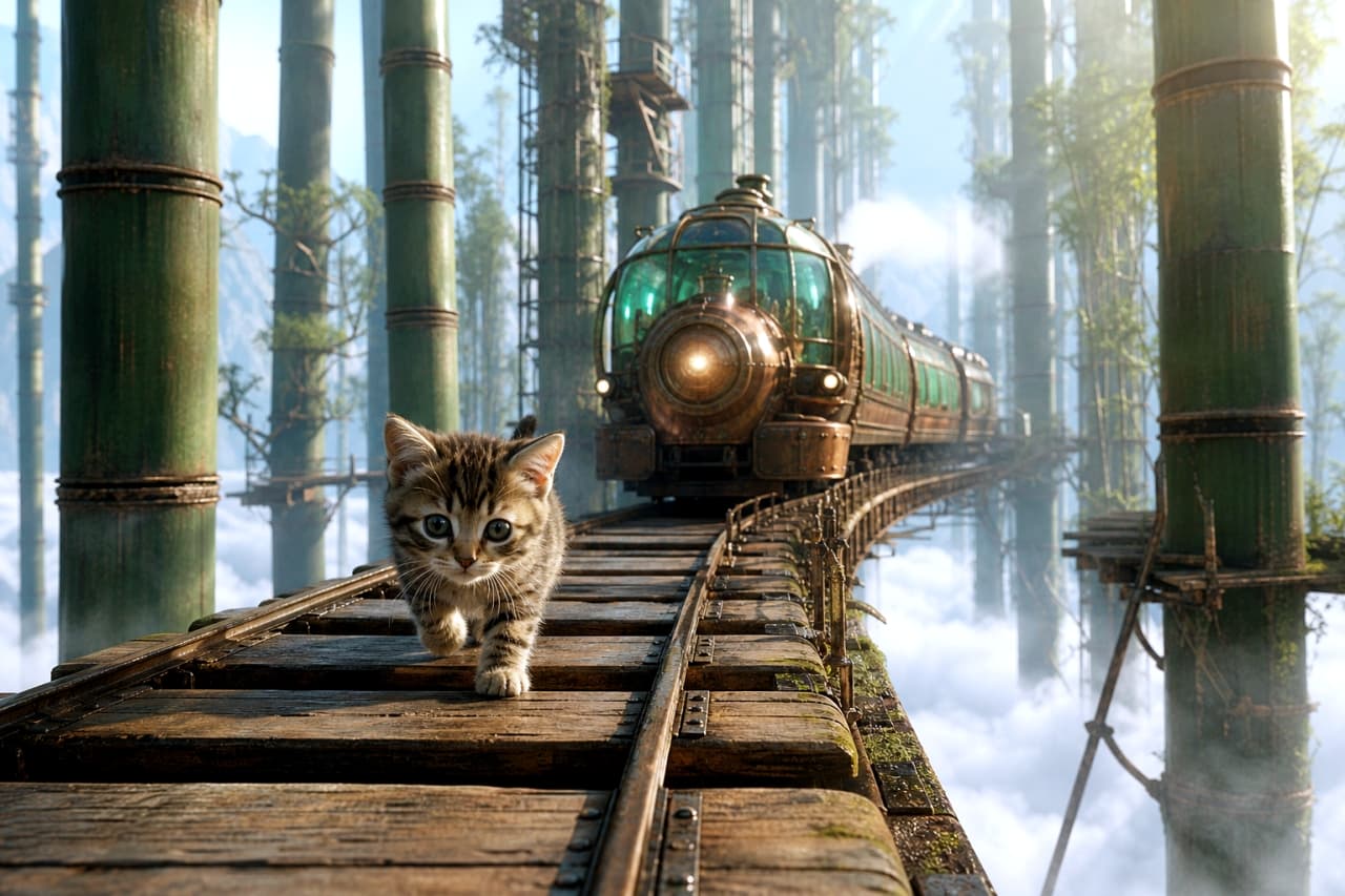 「雲の上の竹林鉄道を出発進行!小さな冒険家の勇敢な一歩に注目🌿🚂🐾」An ultra-realistic high-quality photograph of a curious brown tabby kitten walking towards the camera on a wooden railway track suspended high in a giant bamboo forest. Below the tracks is a sea of clouds, and behind the kitten, a steampunk-style copper train approaches. Soft sunlight filters through the giant bamboo, highlighting the kitten's detailed stripes and the lush green surroundings. 巨大な竹林の合間を縫うように架けられた木製の線路の上を、カメラ目線でトコトコと力強く歩いてくるキジトラの子猫。足元には果てしない雲海が広がり、背後からはレトロフューチャーな真鍮製の蒸気機関車のような列車が迫っている。柔らかな木漏れ日が子猫の繊細な縞模様と緑豊かな竹林を照らす、ファンタジー冒険映画のワンシーン
