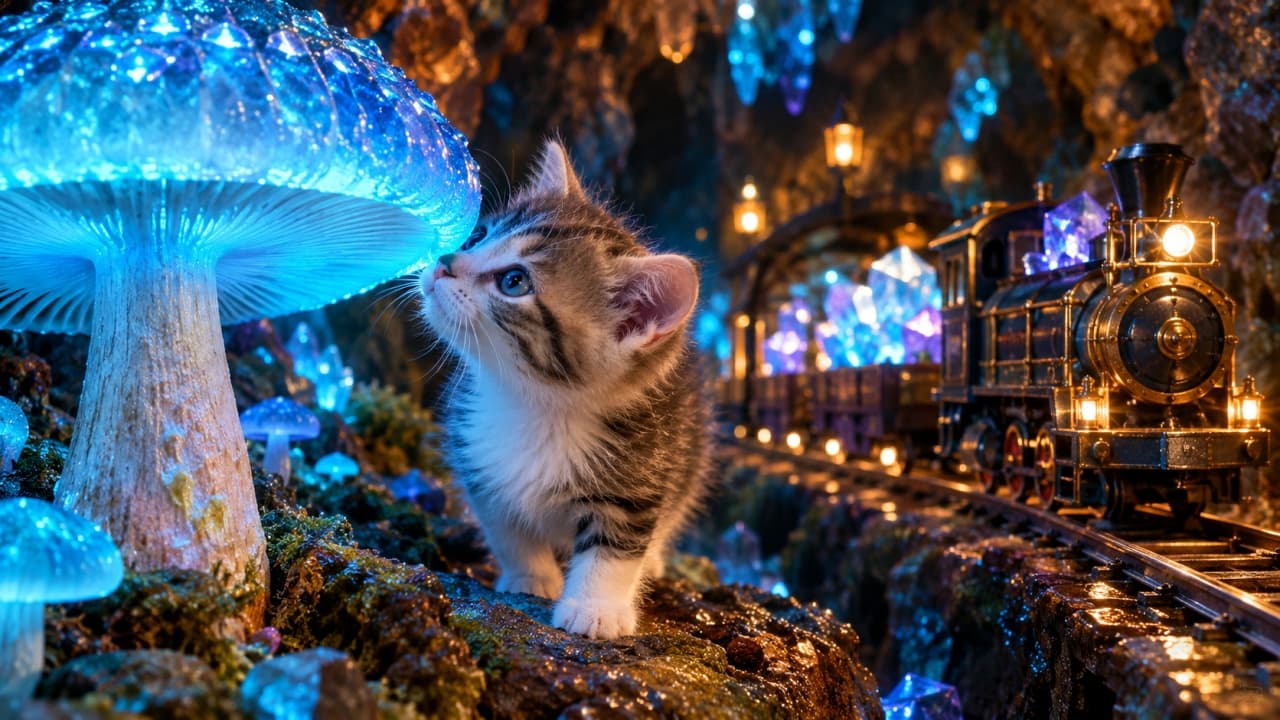 「青く光る不思議なキノコを発見🍄✨クリスタルを運ぶ小さな列車と一緒にパシャリ📸地下の秘密基地だよ🐈」An ultra-realistic high-quality photograph of a tiny tabby-and-white kitten with sapphire blue eyes sniffing a giant, glowing blue bioluminescent mushroom. Beside it on miniature tracks, a small antique mine train loaded with glowing purple crystals rests under warm lantern light in a mystical subterranean cave. 青く発光する巨大なキノコに顔を近づけ、匂いを嗅ごうとするキジシロの子猫。サファイアブルーの瞳がキノコの光を反射して輝いている。すぐ隣の線路には、紫色のクリスタルを積んだアンティーク調の小さな鉱山列車が温かいランプの光を放って停まっている、神秘的な地底空間の超高画質写真