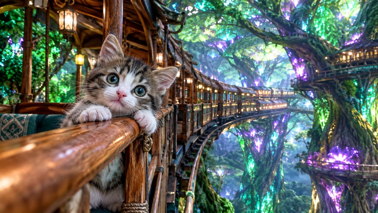 「魔法の森の木製列車だよ!不思議な光がいっぱいで、よそ見しちゃいそう🌲✨🚂」An ultra-realistic high-quality photograph of a tabby-and-white kitten resting its paws on the railing of an antique wooden train traveling along an elevated track through a magical forest. The giant trees in the background are illuminated with ethereal green and purple glowing lights. The kitten's large emerald-green eyes look directly at the camera, framed by the warm light of the train's lanterns. 緑や紫に発光する巨大な樹木が立ち並ぶ魔法の森の中を、空中高く架けられた線路を走るアンティーク調の木製列車。客室のテラスの手すりに前足をかけ、大きなエメラルドグリーンの瞳でカメラを真っ直ぐに見つめるキジシロの子猫。ランプの温かい光と、森の神秘的なイルミネーションがファンタジックな空間を演出
