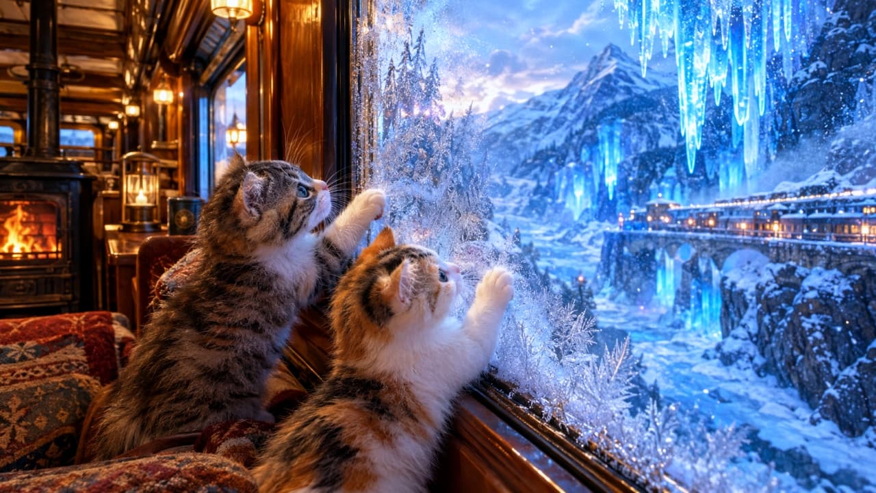 「こっち見て!外は魔法の氷の世界だよ✨❄️🐾」An ultra-realistic high-quality photograph of two kittens (a brown tabby and a calico) pressed against a heavily frost-covered window inside a cozy, firelit luxury train cabin. A wood-burning stove is visible nearby. Outside, a breathtaking frozen world unfolds: a massive icefall, blue icicles, snow-covered mountains, and a distant station. The texture of the cats' fur and the intricate ice patterns on the glass are sharply defined, emphasizing the contrast between inner warmth and outer cold. 暖炉(薪ストーブ)のある豪華な冬の列車客室で、霜が降りた窓に張り付き、外の景色に夢中になっている二匹の子猫(キジトラと三毛猫)。窓の向こうには、凍てつく滝、巨大な氷柱、雪に覆われた山々、そして遠くに見える駅が広がる。室内は暖かく、猫たちの毛の質感や、窓ガラスの氷の結晶が鮮明に描写されている