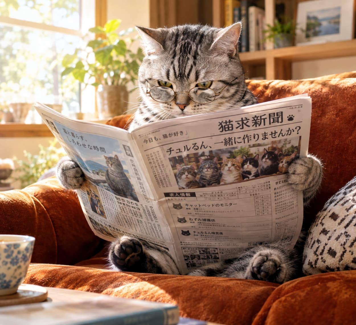 「今日のニュースは何かな？📰✨知的な丸眼鏡スタイルで情報収集中のにゃんこ先生に脱帽ですにゃ🐾」Ultra-realistic high-quality photograph of a silver tabby American Shorthair wearing round glasses, sitting deeply on an orange velvet sofa and reading a newspaper earnestly in a sunlit room. The adorable hind paws showing toe beans and the details of the spread newspaper stand out. 陽の光が差し込む部屋で、丸眼鏡をかけたシルバータビーのアメリカンショートヘアが、オレンジ色のベルベット調ソファに深く腰掛けて真剣に新聞を読んでいる様子。肉球が見える後ろ足の愛らしさと、広げた新聞のディテールが際立つ、超リアルで高品質な写真