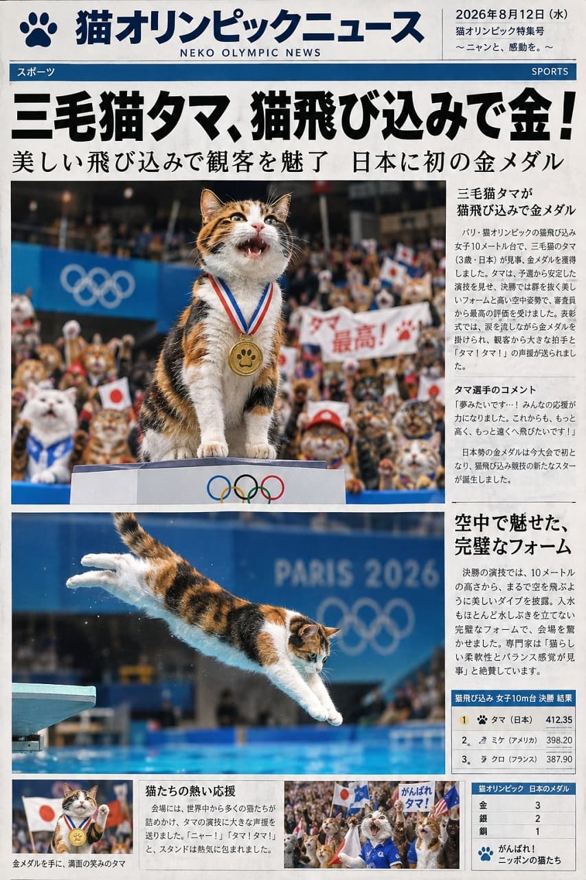 「ニッポンの三毛猫タマが大快挙🇯🇵✨完璧な飛び込みで金メダルを獲得した最高の笑顔に大歓声ニャー！🎉🏅」Ultra-realistic high-quality photograph of a vibrantly patterned calico cat standing on an Olympic podium, proudly looking up and smiling with a shining gold medal around its neck. The enthusiastic crowd of cats is blurred in the background, with bright stadium lighting illuminating the calico's fur and the medal, designed as a fictional sports newspaper article. 鮮やかな三毛模様の猫がオリンピックの表彰台に立ち、首にかけた輝く金メダルと共に誇らしげに上を見上げて口を開けて微笑んでいる様子。背景には熱狂する観客の猫たちがボケて写り、スタジアムの明るい照明が三毛猫の毛並みとメダルを照らす、臨場感あふれるリアルで高品質な写真。架空のスポーツ新聞風デザイン